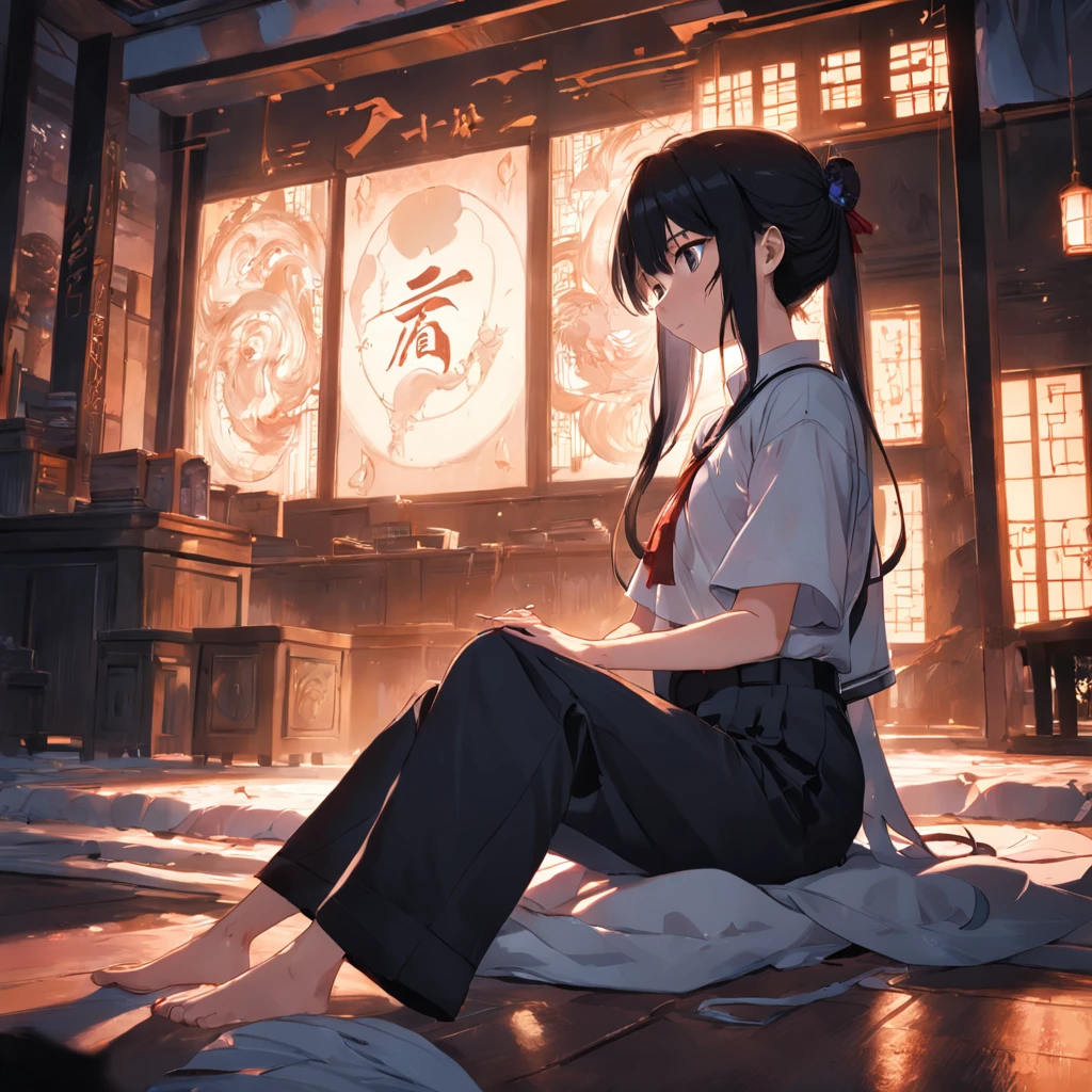 In the daytime,Bedrooms,shoun,White T-shirt,black long pants,erudite,gentleness,Look at the book,