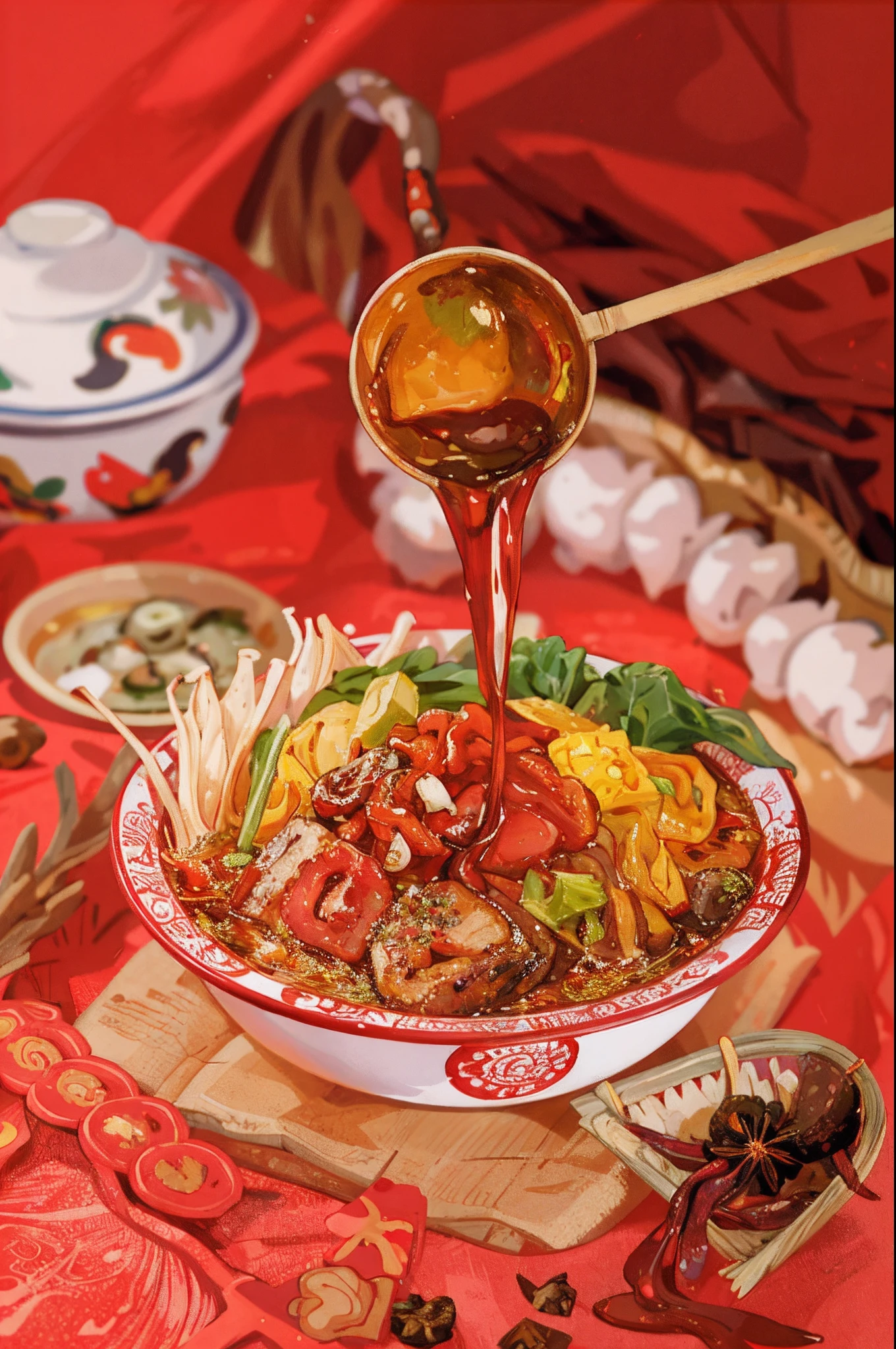 delicacies,Illustration style,Tempting appetite,autumnal,Autumn light close-up spicy noodles、White noodles、Thin noodles、Noodles make up the main body、Seafood mushrooms、Small octopus、Red oil、shrimps、Green peppercorns、Flower nails、chili pepper、vegetable、Chinese cabbage、Tofu bubbles , Super realistic food pictures, full subject shown in photo, A chopstick is filling the bowl with noodles