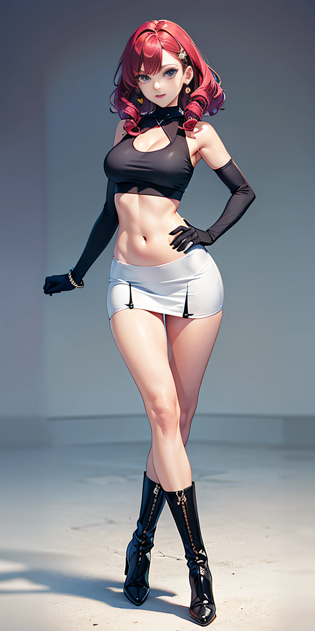 name zoe. 20 year old ager, beautiful angelic face. red eyes. White skin color. Height 1,70, detailed physique, large and firm breasts, Short blonde hair. CLOTHES, black tank top. white mini skirt, Body detail, straight and firm posture looking towards the camera
