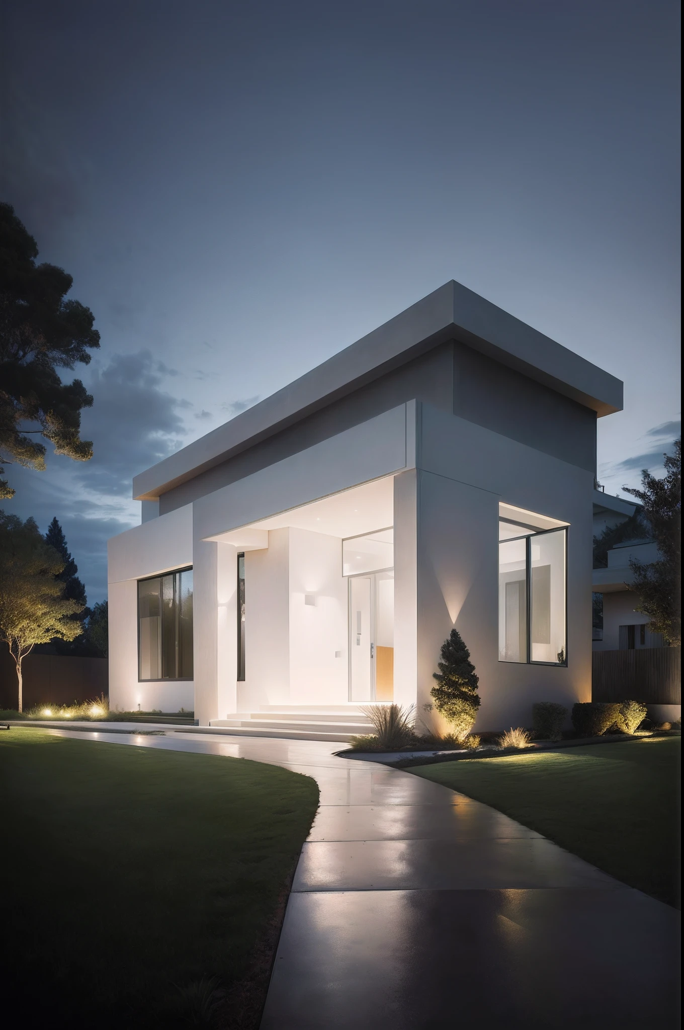 Night view of modern house with driveway and lawn, award winning contemporary, award winning modern design, award winning render, sleek utopian design, neotraditional modern minimalist, neotraditional modern, Modern design, ultra-modern, contemporary masterpiece, contemporary design, night time render, minimal modern, award winning render, all white render, author:Marshall Arisman