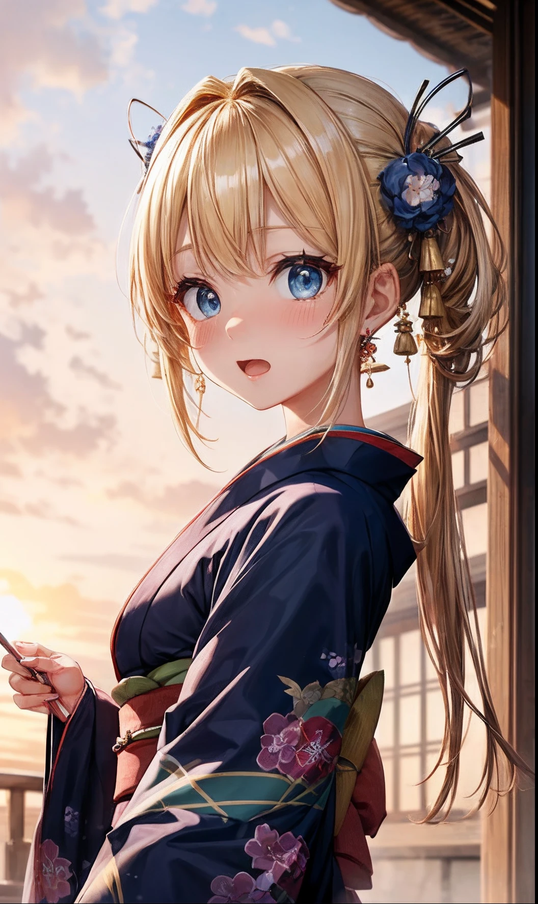 absurderes, ultra-detailliert,bright colour, extremely beautiful detailed anime face and eyes, (独奏:1.5), ;D, shiny_skin,25 years old, Short hair, , asymmetrical bangs, Blonde hair with short twin tails, Shiny hair, Delicate beautiful face, red blush、(Deep Blue Eyes:1.3), White skin, hair clips, earrings, a necklace,(Kimono:1.6), (Surprised:1.5),Beautiful Kyoto, Dusk sky,