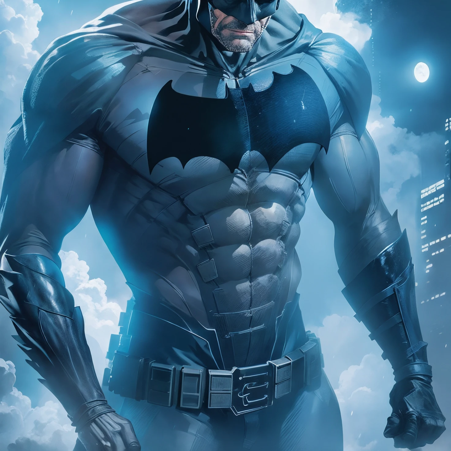 Batman standing on a ledge on top of a skyscraper, wearing large cape, dark, moonlight, dystopian, gritty, masterpiece, unique, amazing, detailed