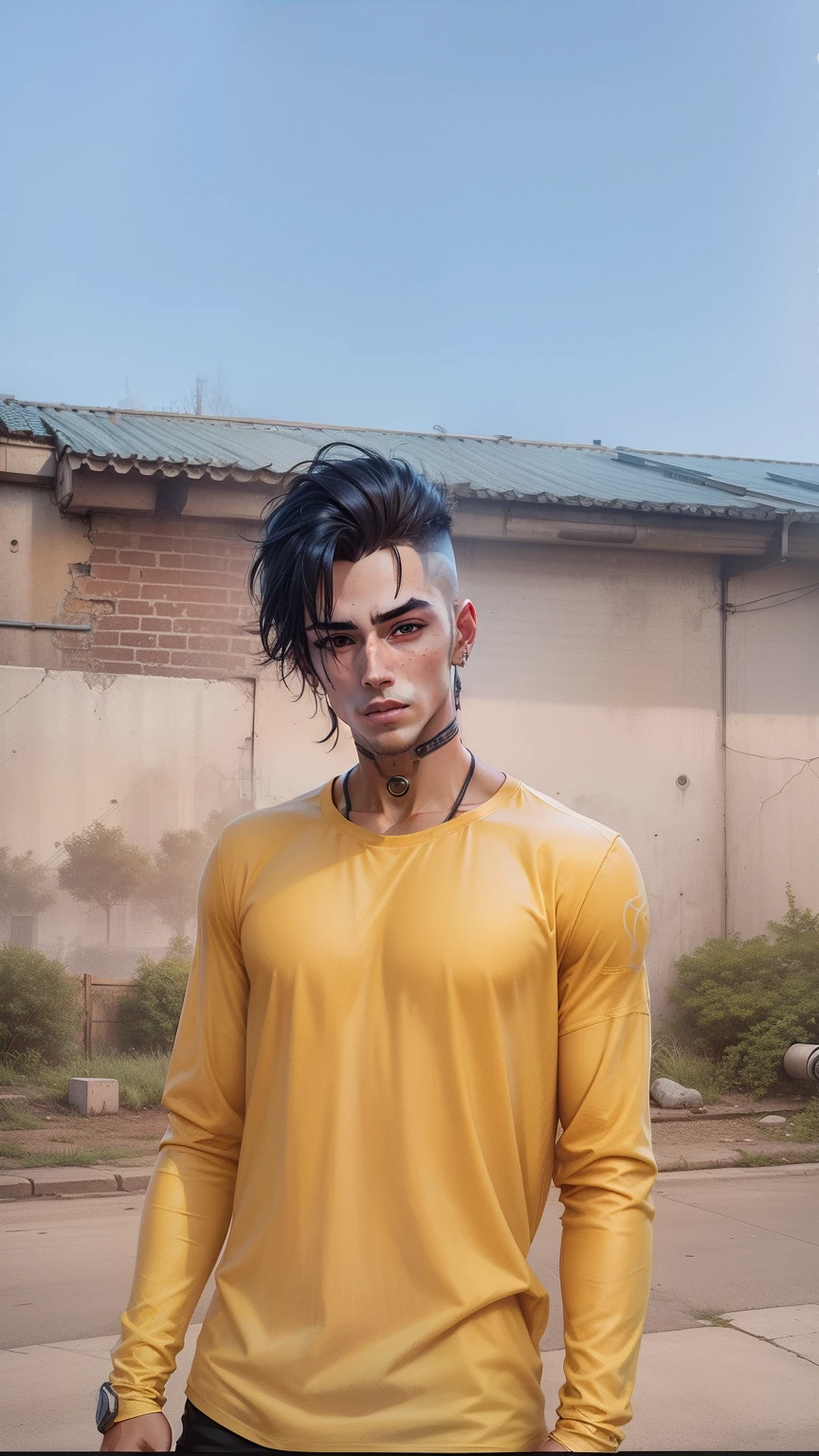 Cyberpunk handsome boy in yellow teashirt realstic image