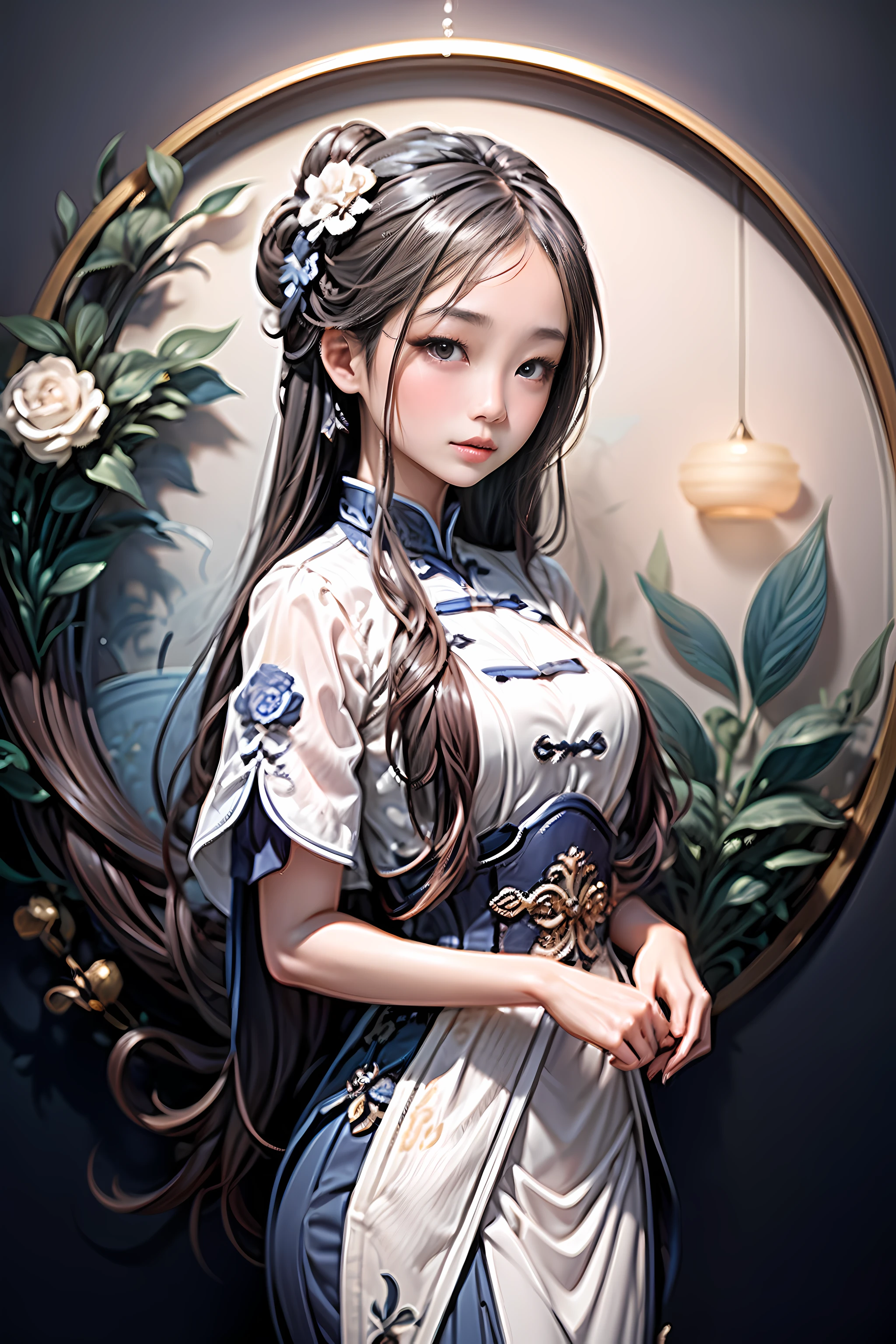 （Blue and white porcelain style：1.6），white backgrounid，1 Chinese girl with long hair，Oriental elements，reasonable design，Clear lines，（Linear，Mono Color）