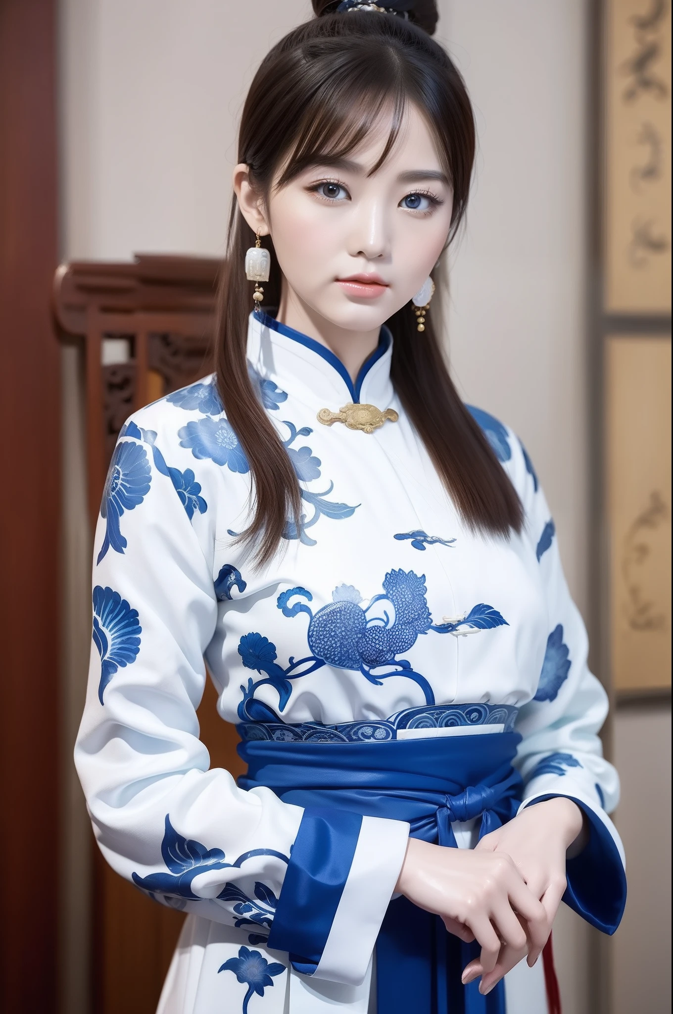 China-style,Oil paints,(Blue and white porcelain style:1.4),(hanfugirl:1.5),ancient china art style