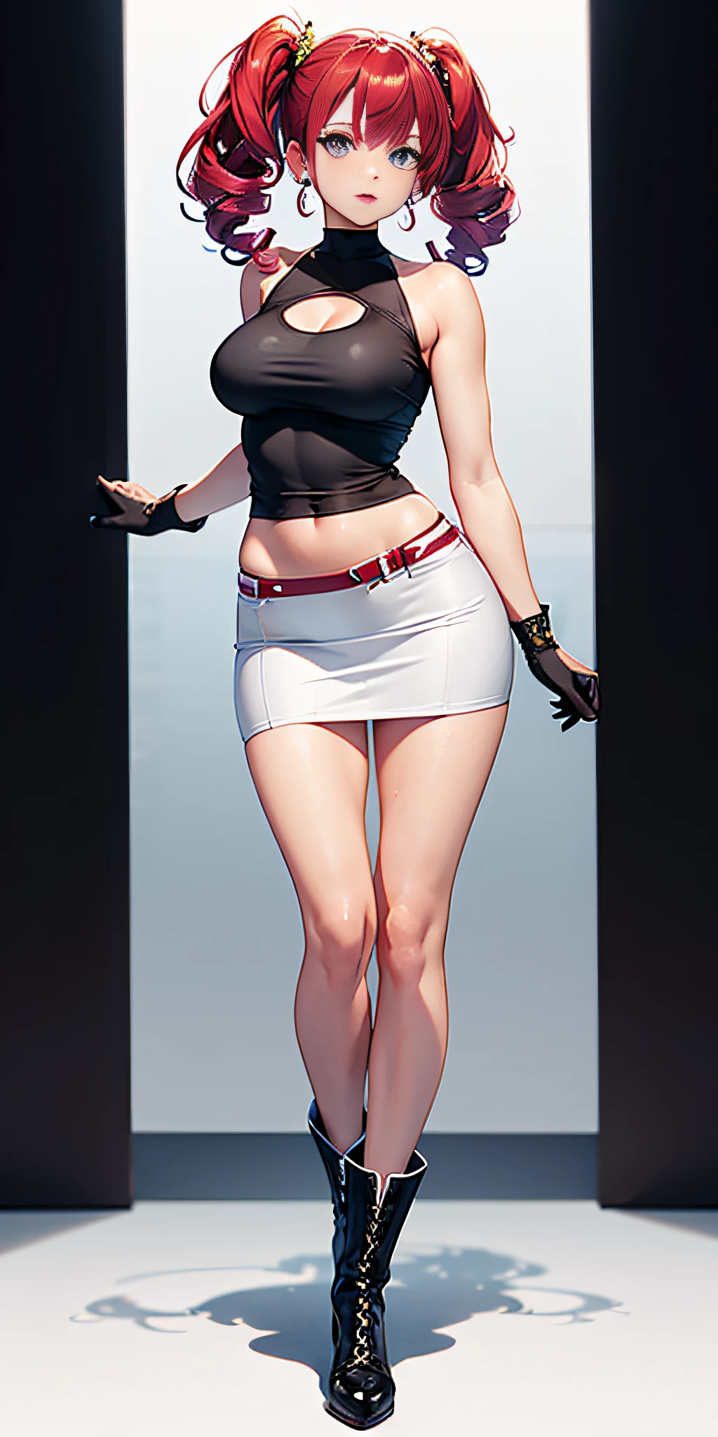 Professional Anime drawing, dynamic view (front side back mainly) full length, fair skinned female, , symmetrical face, long curly magenta hair, blue eyes, crimson red lipstick, slim build and perfect figure, firm shapely showy chest, is approximately 1.65 meters tall, her usual attire consists of a tight white top with a red big R logo, underneath a black cropped t-shirt that reveals her navel, long boots and black gloves, round stud earrings green color, white tight micro skirt, extremely detailed intricate image, 8K