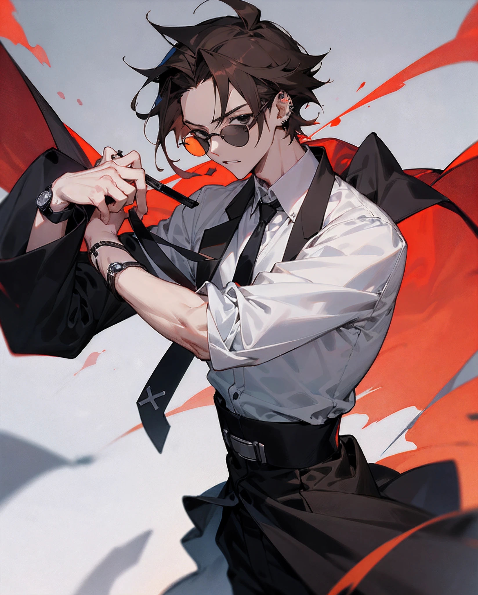 anime boy (22-23 years old), waist-length brown hair, wearing a long-sleeved white shirt over a black blazer with a tie, a cross piercing, black glasses showing a lustful look, holding a tie in his hand  loosened, cold black eyes, silver watch in hand