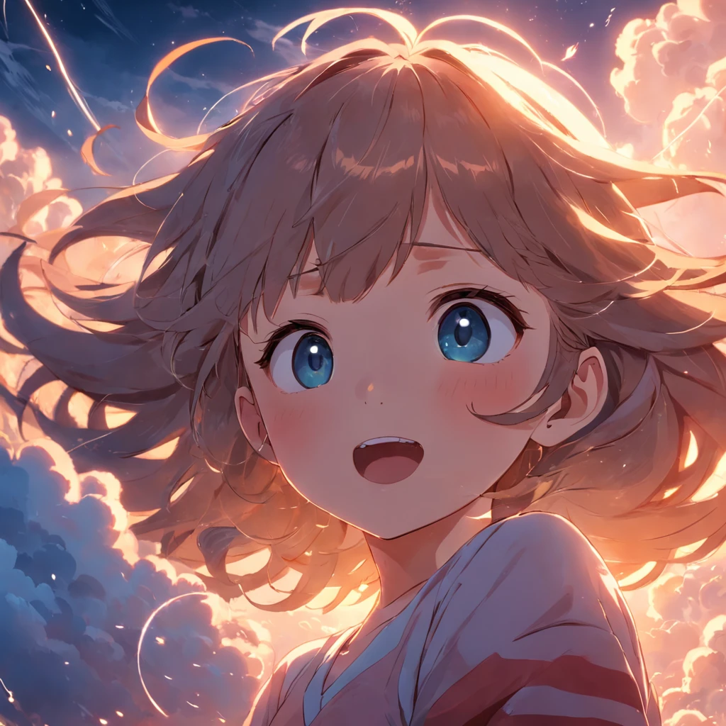 masterpiece, best quality, movie still, 1girl, cloud girl, floating in the sky, close-up, bright, happy, warm soft lighting, sunset, (sparks:0.7)