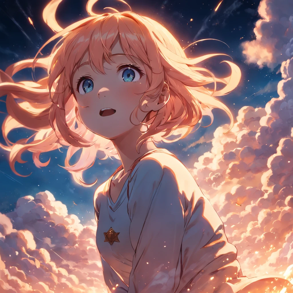 masterpiece, best quality, movie still, 1girl, cloud girl, floating in the sky, close-up, bright, happy, warm soft lighting, sunset, (sparks:0.7)