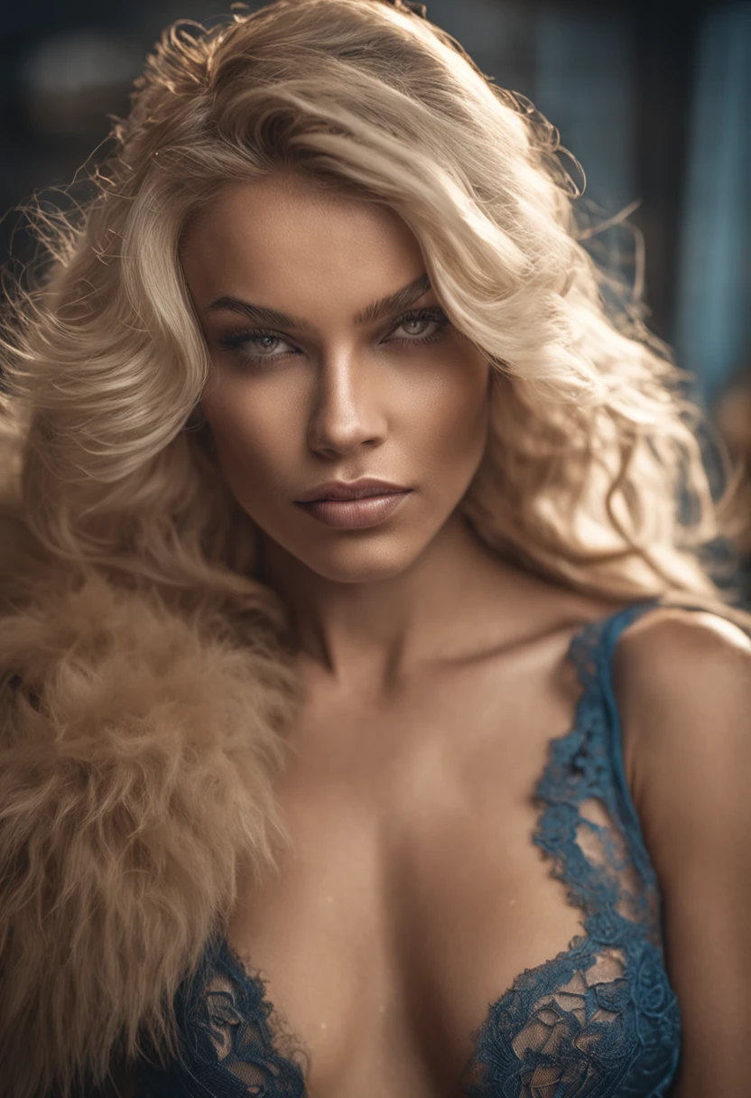 A portrait of a blonde, (makeup:1.4), amazing body, (fit body:1.2), lace outfit, highly detailed fur, natural skin texture, 4k textures, detailed belly, Highly detailed perfect smooth skin, Lightroom, Intricate, Ultra-Realistic, Out There, (HDR:1.3), UHD, (Intricate Detail, Hyper-Detailed:1.1), Cinematic, Photoreal, (Dark Shot:1.2), Dramatic, High Contrast, (Warm Color:1.1) , muted colors, master piece, elegant, sharp focus, hurricane