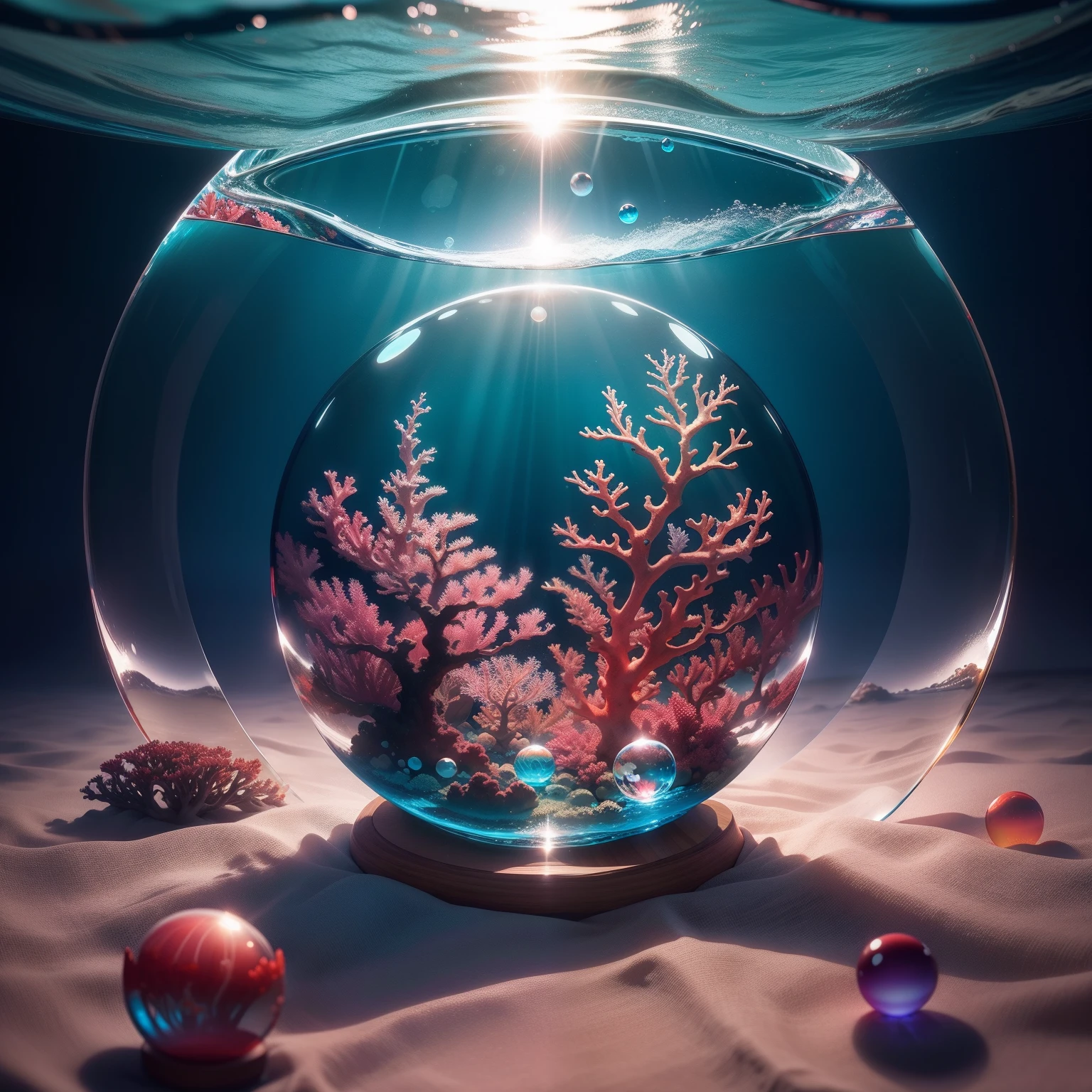 8K、The sea trapped in a crystal ball、Coral-colored fish swimming in the sea、Sunlight reflects off the crystal ball、hight clarity、hawaii、The corals、SLR with colorful fish swimming in crystal ball、Fujifilm