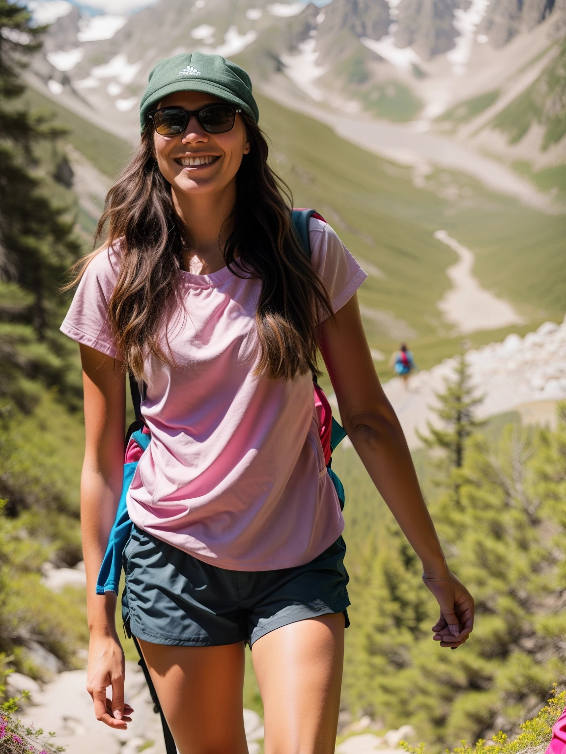 A full-body image of a brunette woman with freckles, looking active and cheerful. She is dressed in a tank top, shorts, and hiking boots, with a backpack. She stands on a scenic hiking trail, with mountains and trees in the background. She has a joyful expression, taking in the natural beauty around her