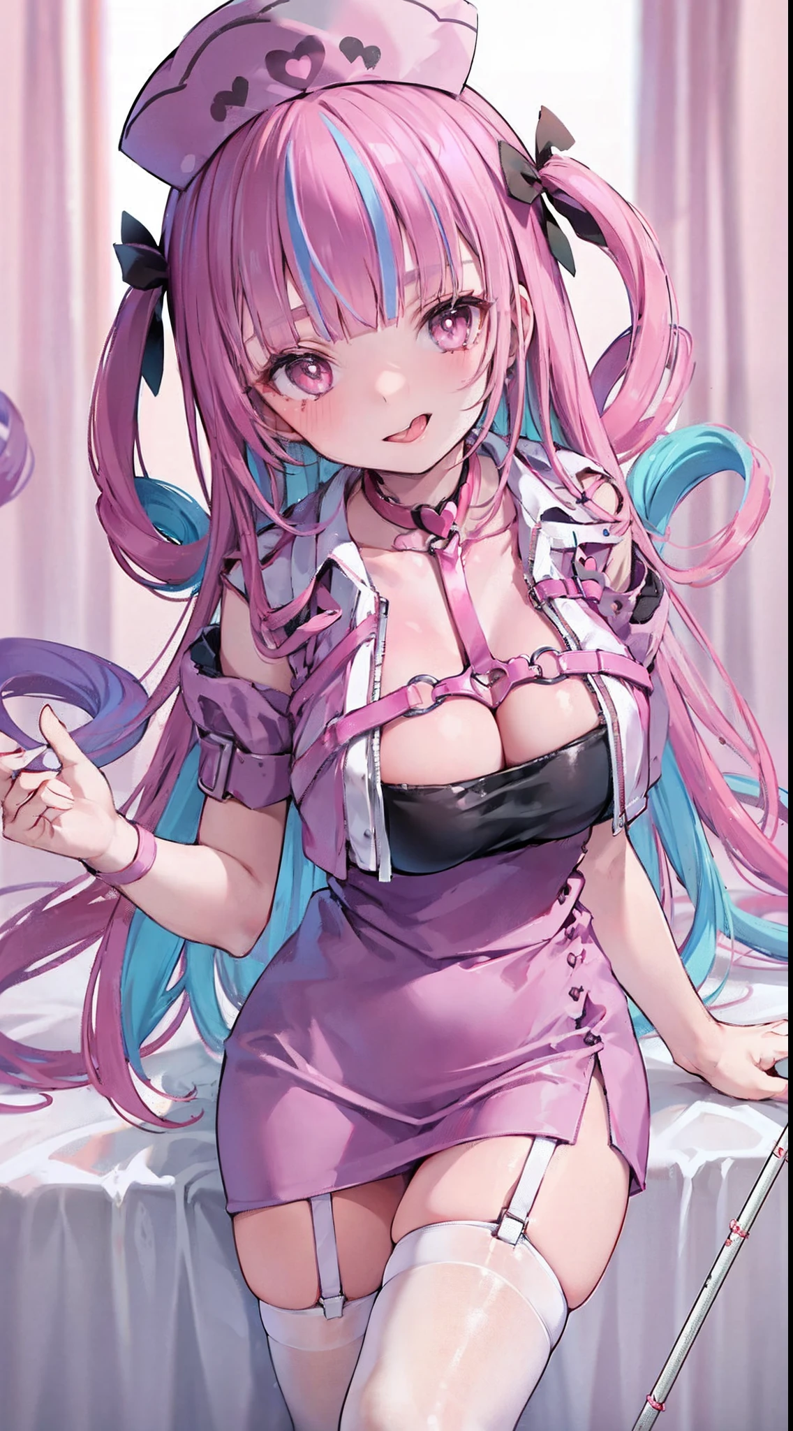 High detail, Heart-shaped pupils,Nurse hat,cleavage,Collar,Love pupils,cropped shoulders,Red Cross,Slender maiden,highly rendered,detailed face with,white stockings,Stick out your tongue,standing on your feet,syringes,