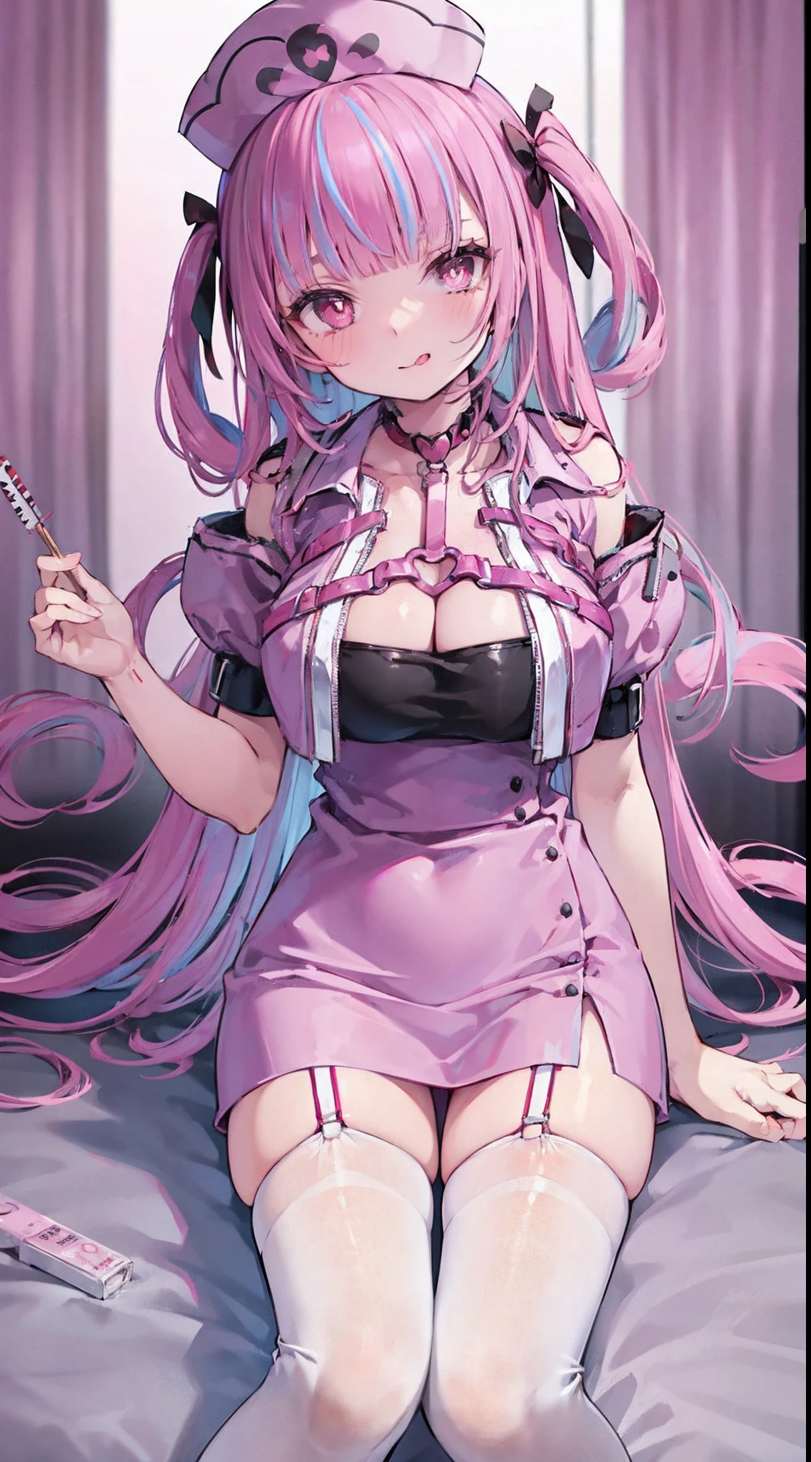 High detail, Heart-shaped pupils，Nurse hat，cleavage，Collar，Love pupils，cropped shoulders，Red Cross，Slender maiden,highly rendered，detailed face with，white stockings，Stick out your tongue，standing on your feet，syringes，