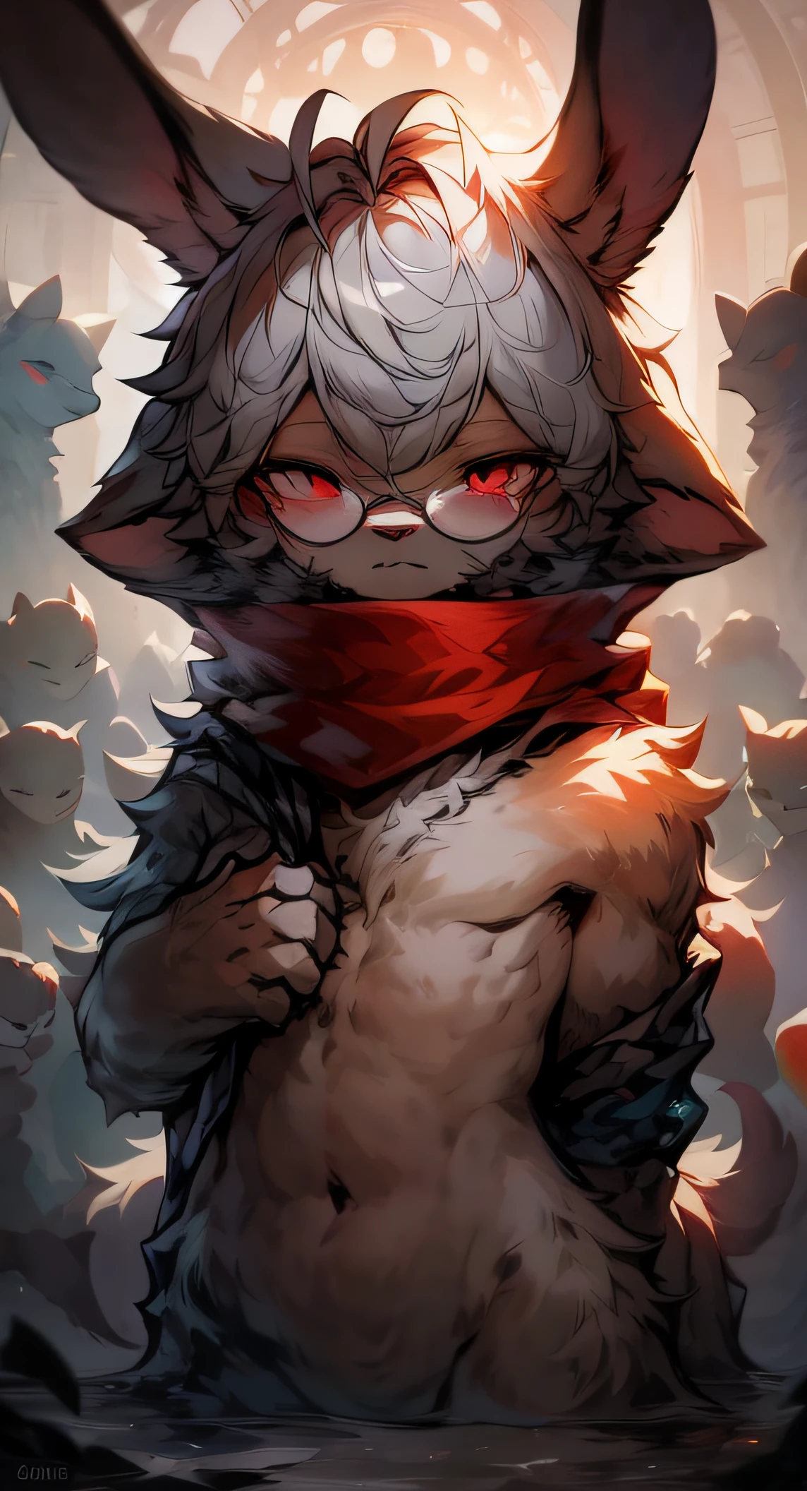 NSFW,e621,White rabbit,Elongated lop-eared rabbit,Gray hair,red color eyes,anthro,mammal,feral,Perfect anatomy,Anatomically correct,Detailed,Detailed face,Detailed eyes,(Realistic fur,Detailed fur,年轻,cub,round frame glasses,Red scarf,Plush steamed buns,Indifferent expression,hole in the mountains,the night,moonlit background