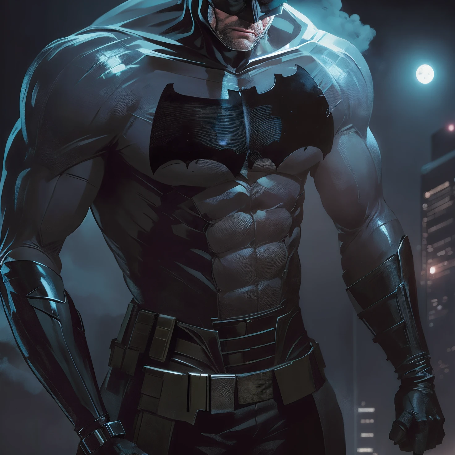 Batman standing on a ledge on top of a skyscraper, wearing large cape, dark, moonlight, dystopian, gritty, masterpiece, unique, amazing, detailed