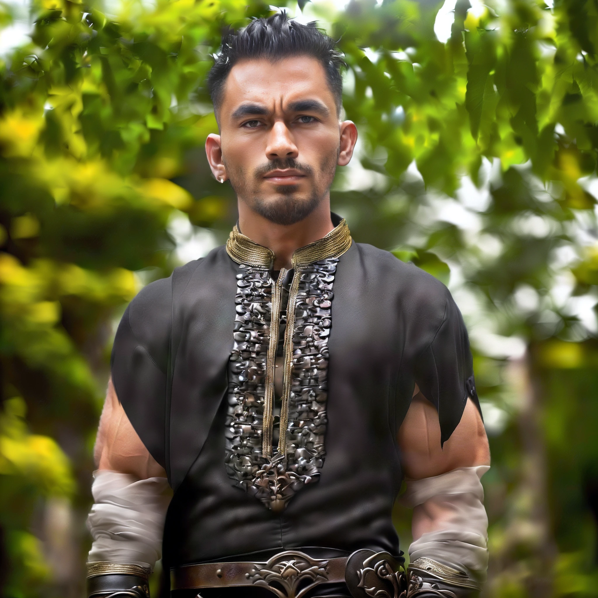 masterpiece, high quality, best quality, beautiful, hd, realistic, perfect lighting,just real face add. Beautiful matching detailed face, detailed body, 1 man, solo, black hair, green eyes, long black beard, brown and worn leather clothing medieval armor style: 1.4), leather pectoral armor, 1 wooden spear in the hands, war battle background, gladiator style, muscular men, , angry look,