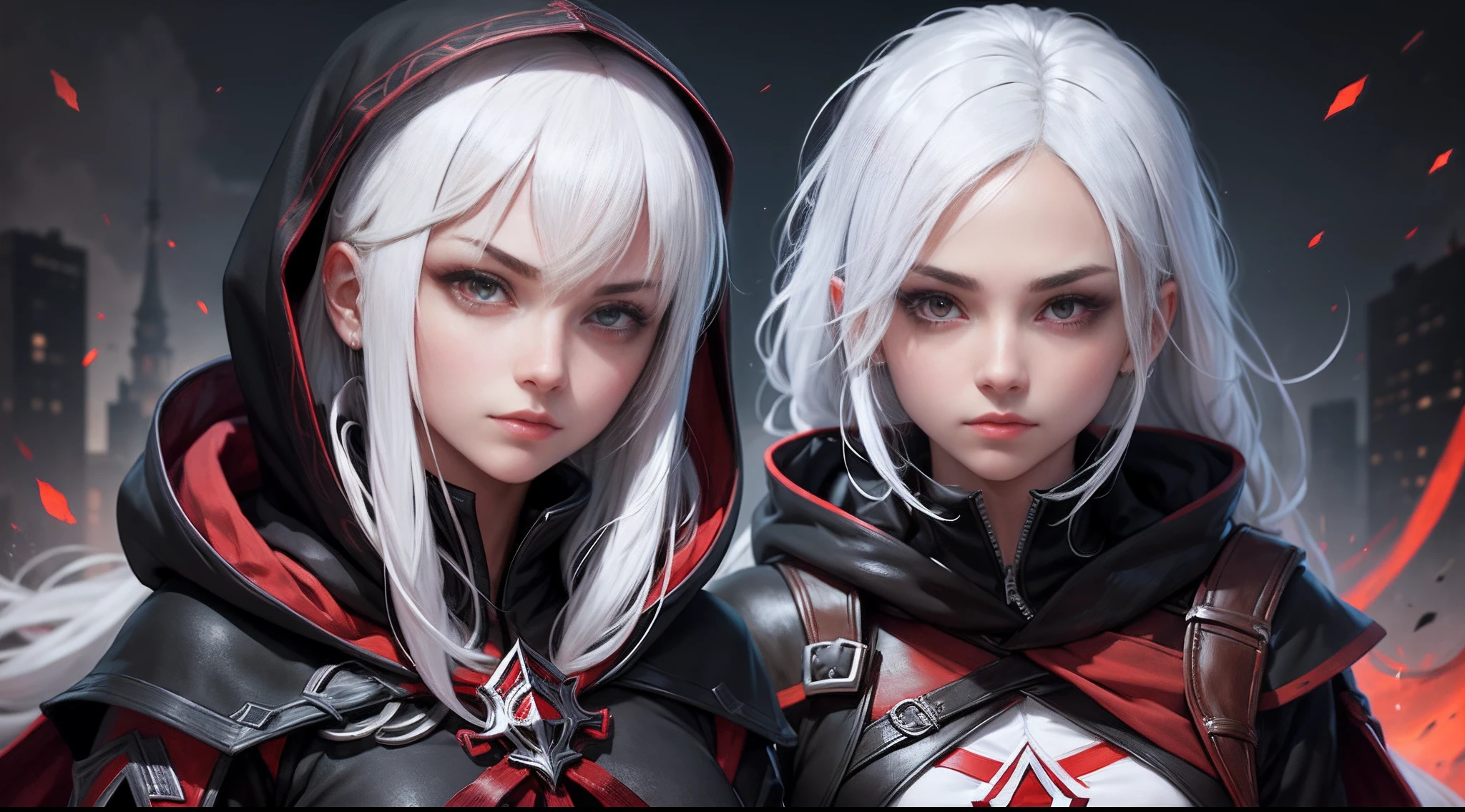 assassin girl, white hair, assassin creed style, black cloths, beautiful red eyes, night background,hoodie over head, detailed face, beautiful face, looking at me, masterpiece