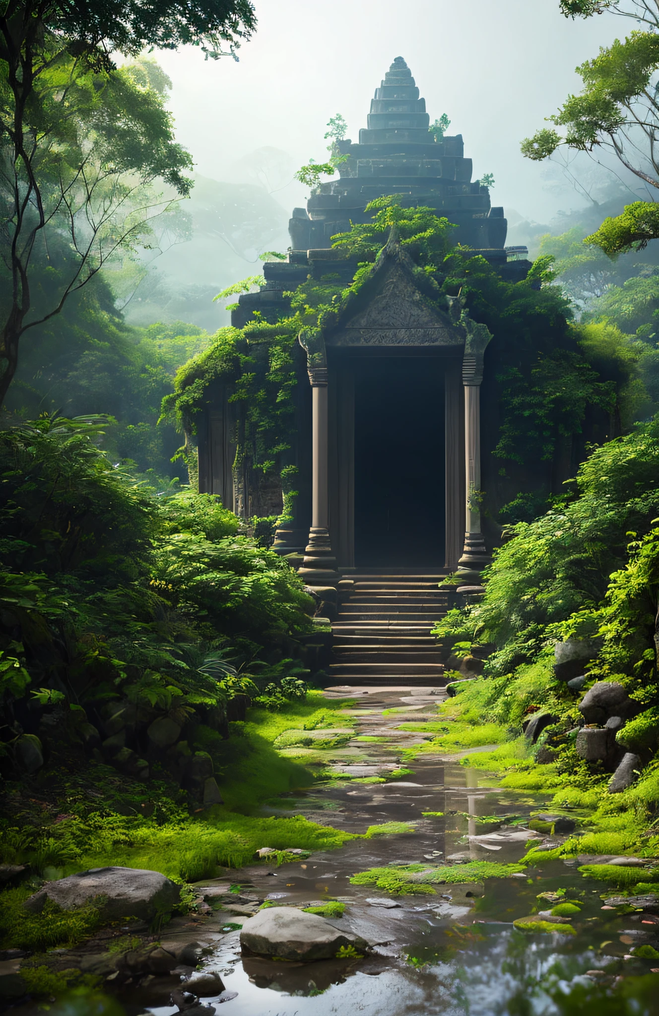 There is a stone road with water traces in the dense forest of Angkor Wat，It leads to a stone building, Mysterious temple environment in a tropical forest, secret overgrown temple, Temple ruins,，with intense rainfall，Mono Color，vines all around，giant and wet trees，tmasterpiece，Best quality at best，high qulity，The is very detailed, CG unified 8k wallpaper，oil painted，award winning photography，Bokeh，depth of fields，hdr，blooms，color difference、真实感、The is very detailed、Trends on ArtStation、Trends on CGSociety、iintricate、high detal、dramatics、Midjourney Art、Volumetriclighting