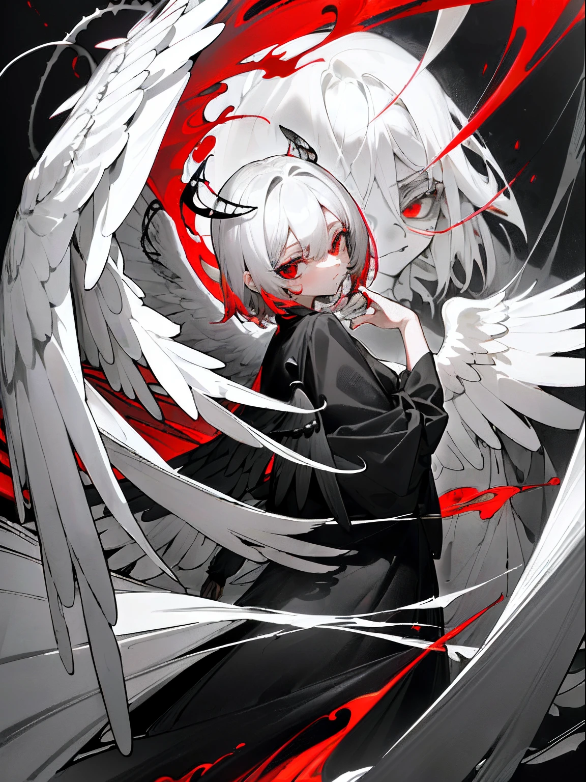 absurderes,((masutepiece)),Solo,beautifull hands,(angel of death(Black and white angel wings,Black clothe,White hair color,Red Eyes,Innocent,Beautiful,Mystical,Convoluted,Detailed)),She is walking in the Black Sea,Colorful refraction,Surreal,Convoluted,Gray world,Infinitely wide sky