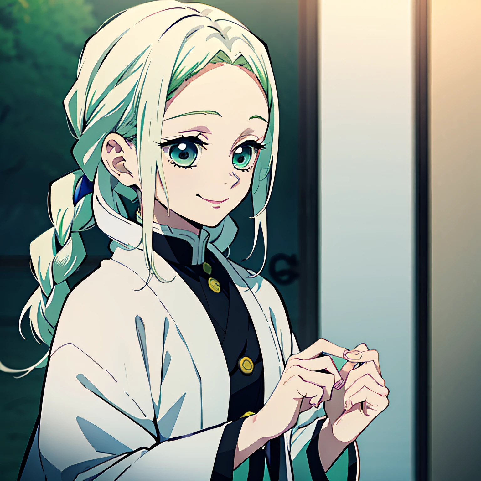 Kimetsu no Yaiba style, 1 girl, a hashira, pretty, white hair and green hair with a hint of blue at the ends, braided hair, cute, gentle, smiling