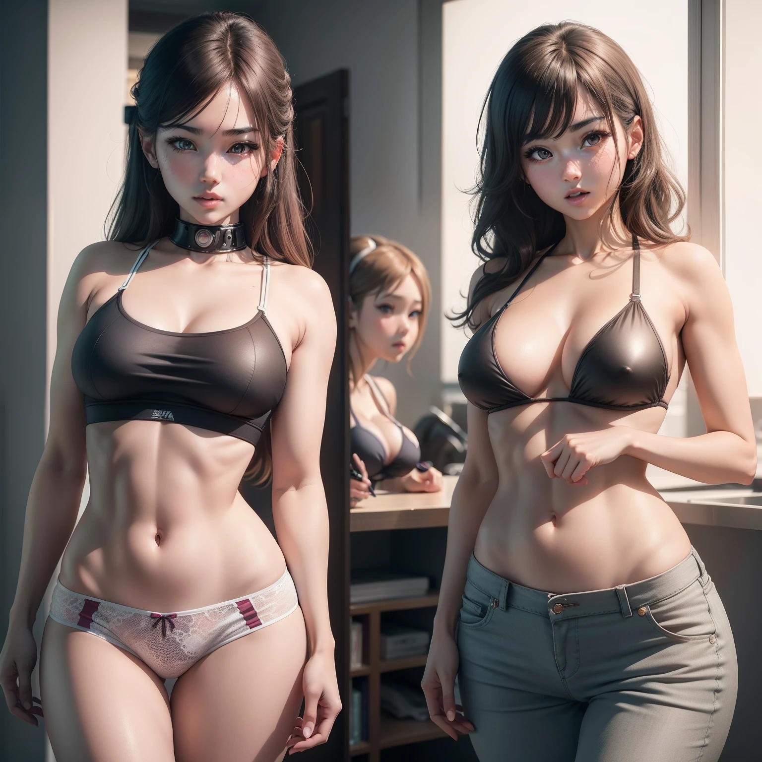 There are 4 photos of women in underwear, Photorealistic perfect body, Realistic Young Gravure Idol, hyper realstic, 3d realistic, Realistic sensual gravure idol, Realistic style, real life anime girl, biomechanical oppai, photorealistic anime, a hyperrealistic schoolgirl, realistic bikini,Bite pants