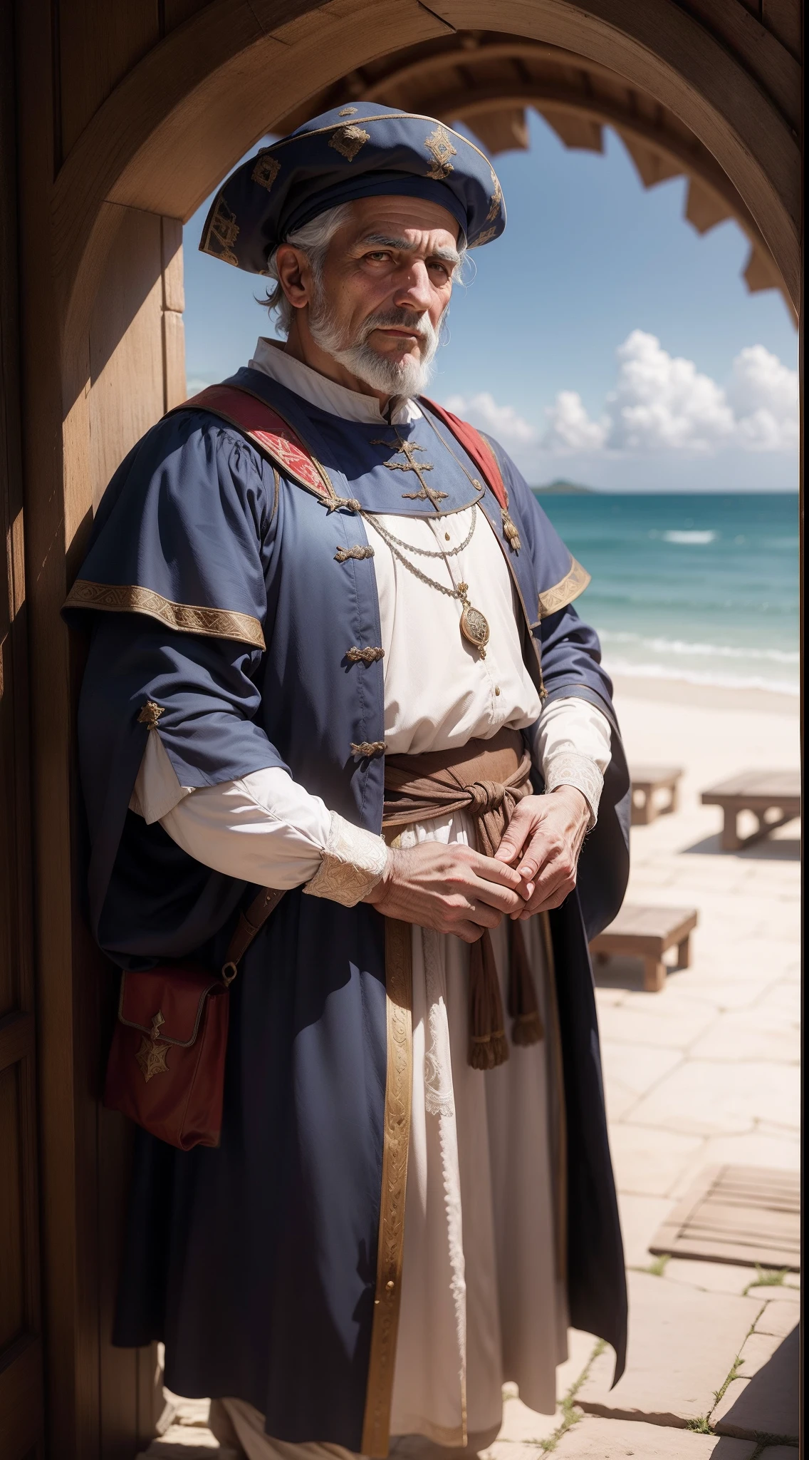 Garcia de Susa, 16th century, Portuguese, modest clothes, medieval style clothes, navigator clothes, renaissance, age of exploration, man, male, old, age of 45, mediocre,Featureless, not impressive,submissive