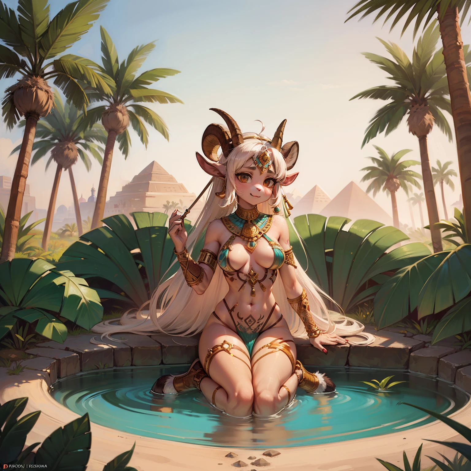 (Masterpiece, high res, detailed), female satyr princess of the forgotten oasis, outdoors, (desert oasis), (satyr), Egyptian, tattoos, tan skin, beautiful face, tall female, solo, environmental, beautiful lighting, womb tattoo, (goat horns, goat legs, hooves, furry legs), palm trees, pond, desert pond