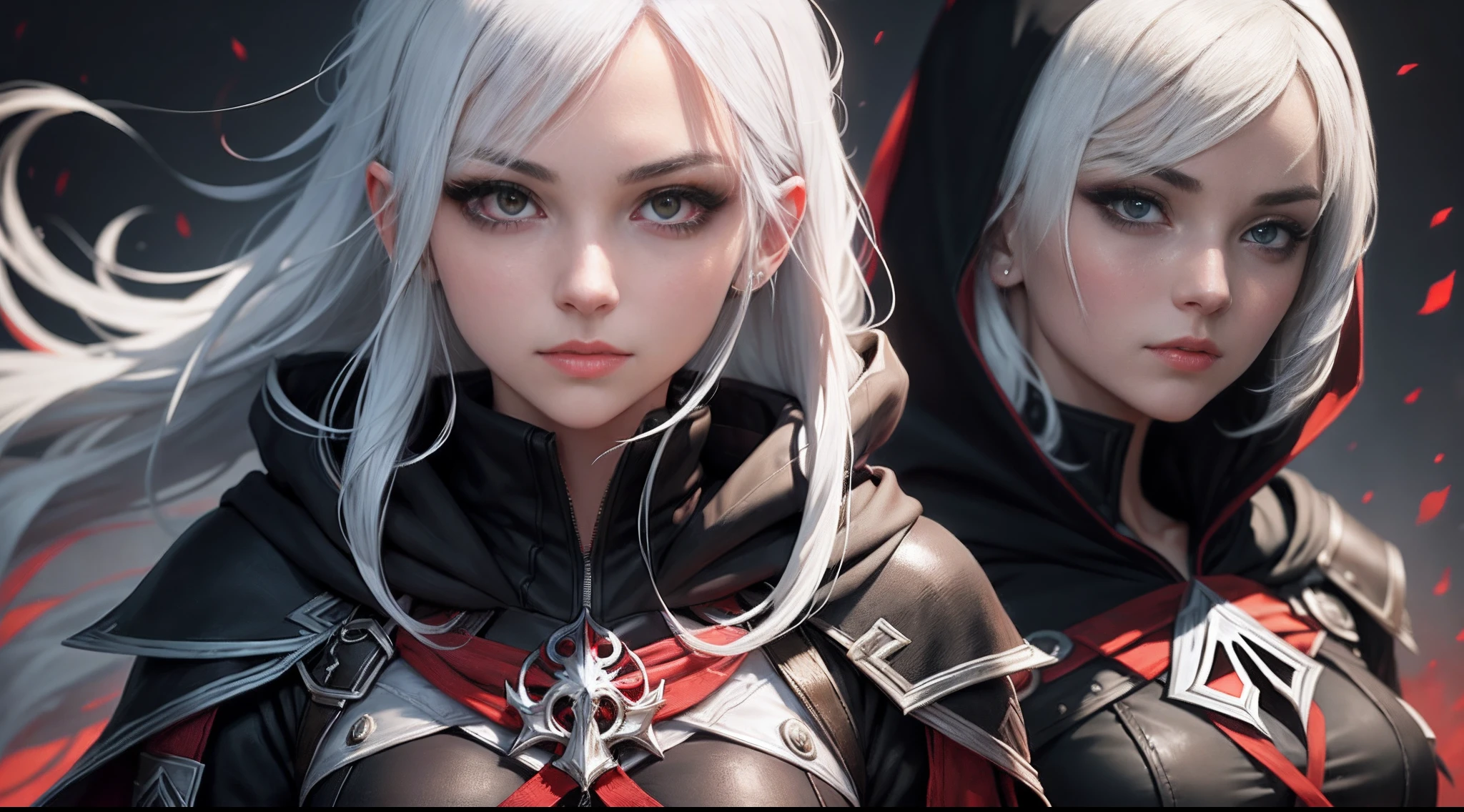 assassin girl, white hair, assassin creed style, black cloths, beautiful red eyes, night background,hoodie over head, detailed face, beautiful face, looking at me, masterpiece