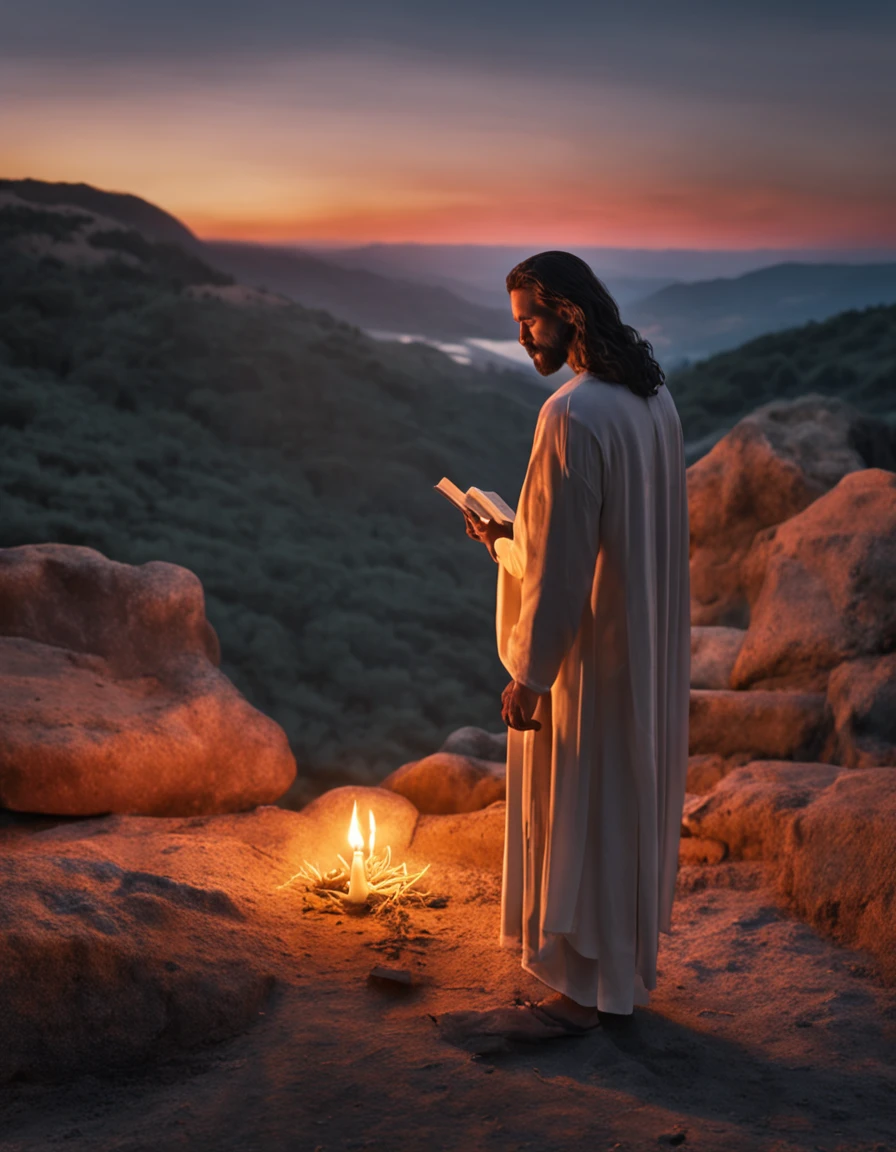 jesus com a biblia orandoao ceu aberto e velas