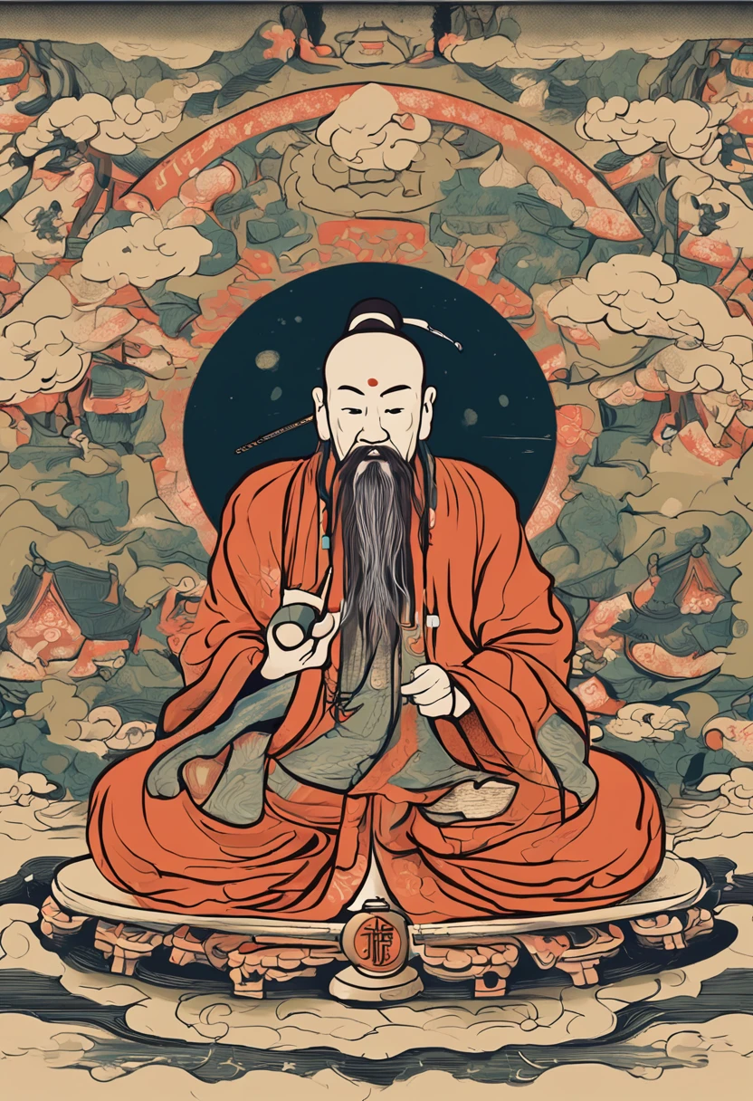 In the ancient Taoist temple，The young Taoist priest sat cross-legged，Handheld magic weapon，Tai Chi Bagua diagrams are painted underground。He sat peacefully upright，Keep your eyes focused，It is as if it is one with the universe。