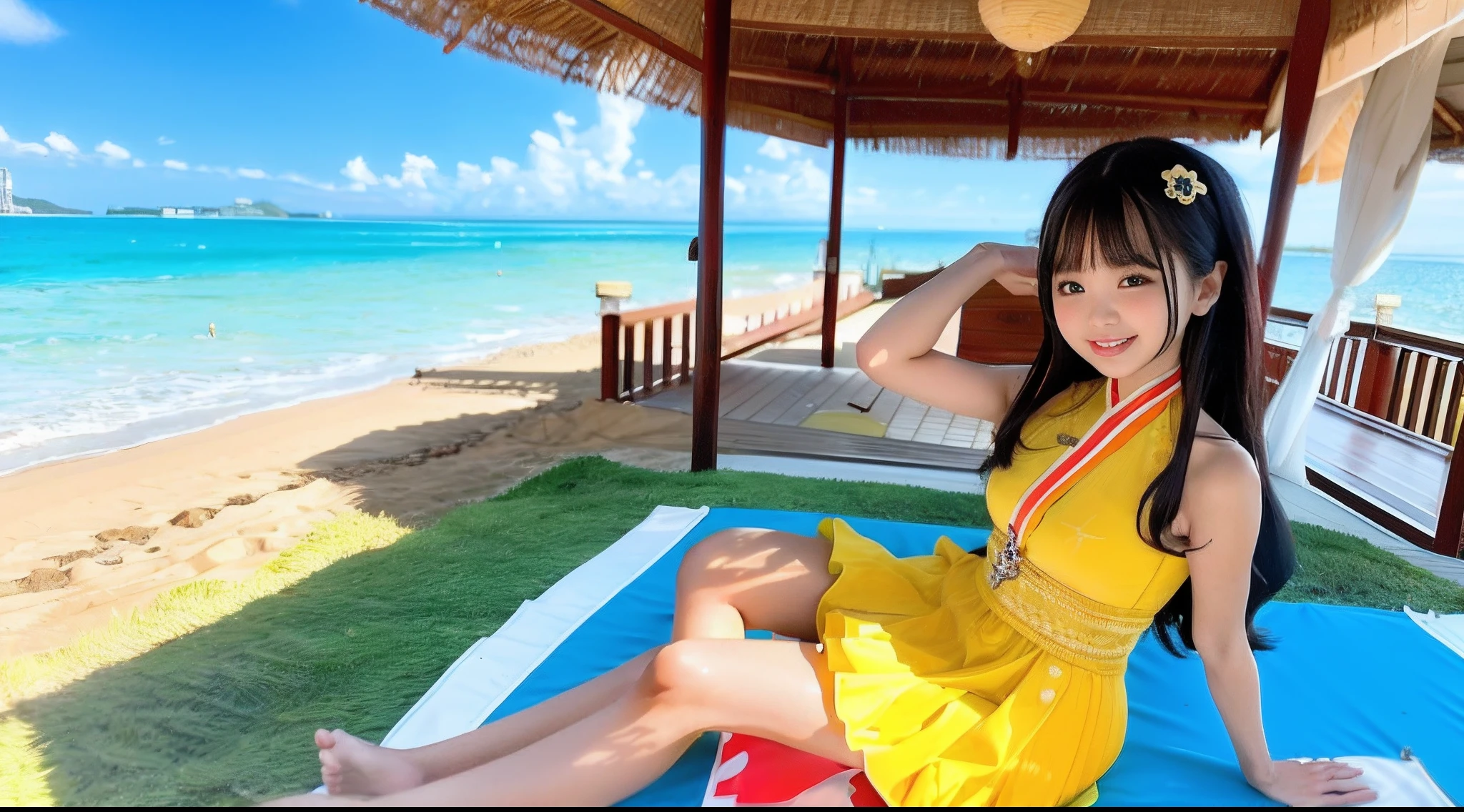 There was a woman sitting on a porch by the beach, Guviz-style artwork, Loli, Guviz, loli in dress, Anime Thai girl, Anime girl cosplay, Anime girl in real life, posing on a beach with the ocean, guweiz masterpiece, valentine, Girl on the beach, Beautiful girl model