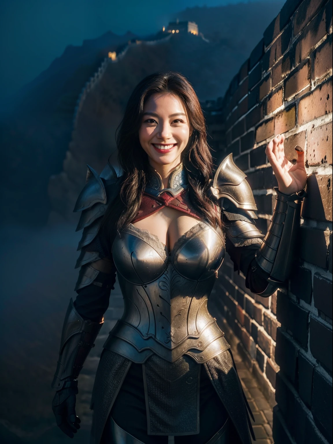 The Great Wall in the fog,Smiling woman in deep V armor,High quality,Masterpiece,8K,(Anatomically correct:1.2),Realistic,Cinematic lighting effects,Medium shot,full bodyesbian,