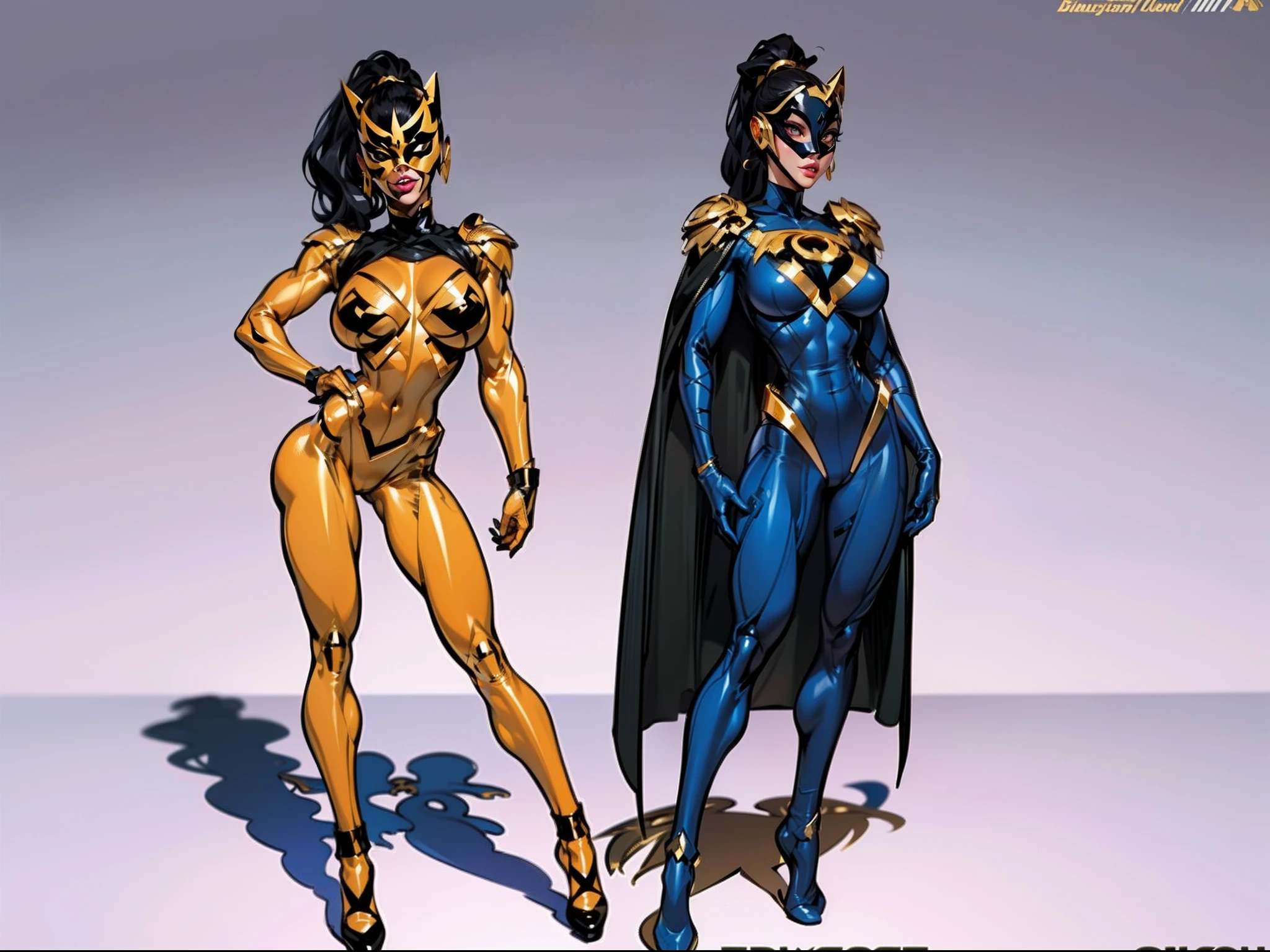 ((masterpiece)),(((best quality))),((character design sheet)), ((full body view)) illustration,1girl, muscular, ((blue and gold bodysuit:1.4)), (masked over eyes:1.6) (broke and black color palette:1.3) superhero, (black ponytail:1.4), (black hair:1.2) (puffy lips:1.6) (black cape:1.4) beautiful woman, (small breasts:1.3)(black legs:1.3)shiny skin, (gold emblem on chest:1.2),scribbles and marks, rough sketches, pose, 8k,16k, (simple background, white background: 1.3)(gigantic breasts:1.0)