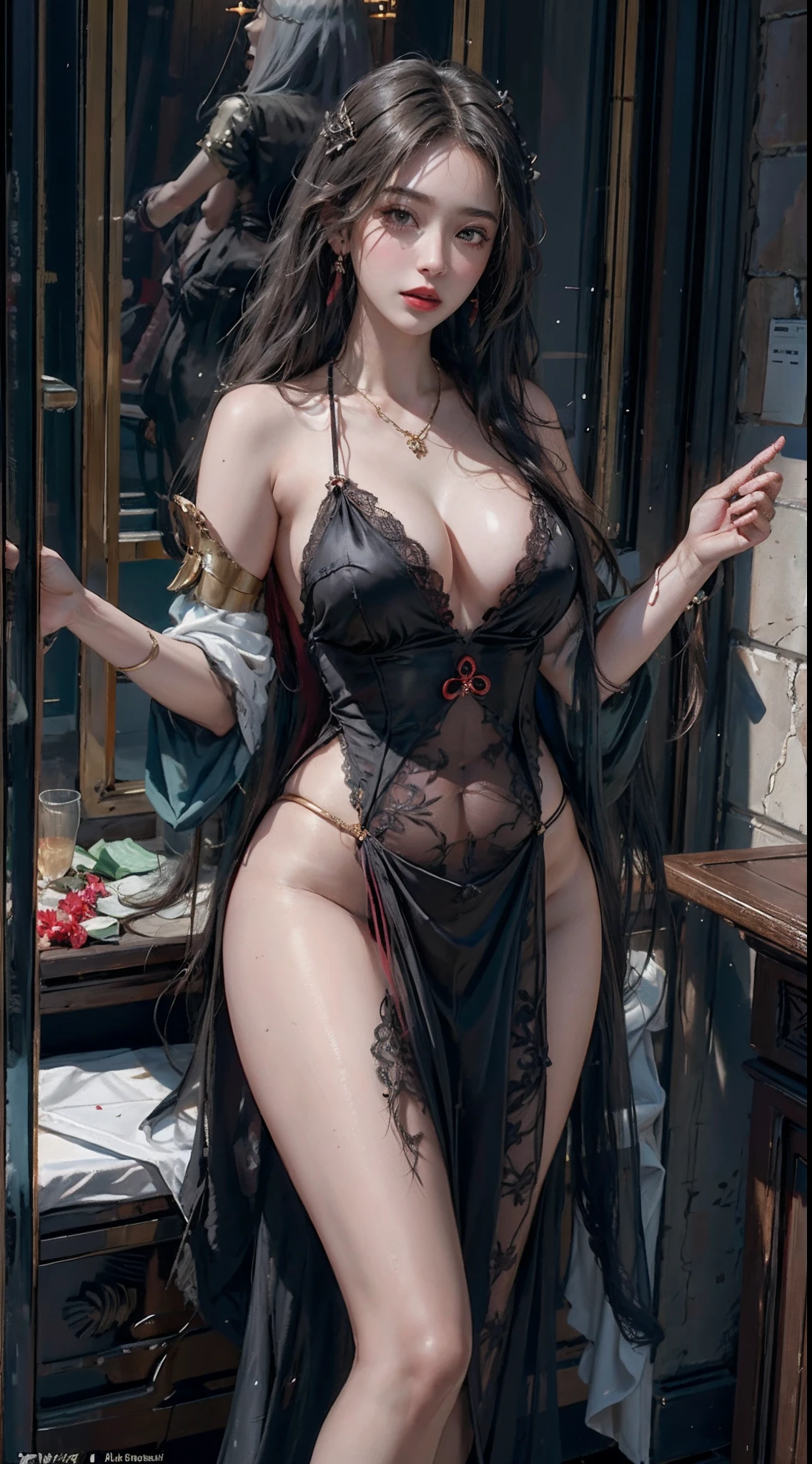 ultra realistic 8k cg, picture-perfect face, flawless, clean, masterpiece, professional artwork, famous artwork, cinematic lighting, cinematic bloom, perfect face,(young:1.2)(Voluptuous),((20 year old)), beautiful face, beautiful eyes,(:1.1), (((perfect female body, narrow waist))), young princess, royal, divine, goddess, godlike, (royal palace), fantasy, dreamlike, unreal, science fiction, (normal breasts:1.2), beautiful clothes, lace, lace trim, lace-trimmed legwear, nsfw,, absurdly long hair, very long hair, (rich:1.4), necklace, earrings, bracelet, armlet, looking at viewer,(thong:1), (Hand has max five fingers), (red lip), shenhe \(genshin impact\)