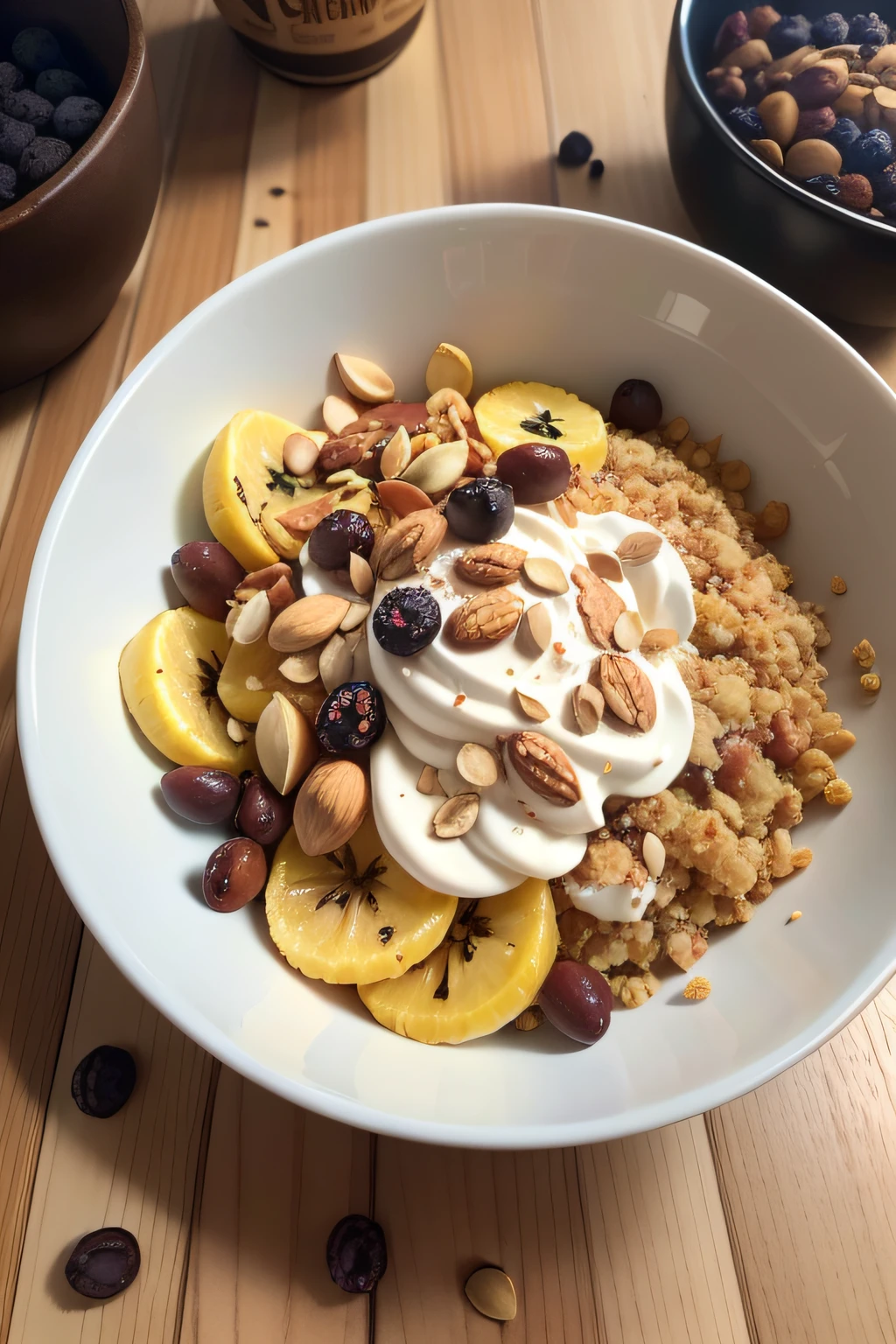 Nut cereal,Medium fat cocoa powder.Pumpkin seeds.Bee dense.coconut oil.Monk fruit is sweet and sweet.Roasted cashews.Coconut crisps.Banana chips.Roasted almonds.Dried blueberries.Green raisins.Cereal combination,White bowl,Heartwarming scene