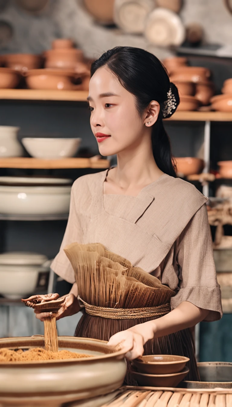 Modern quiet temperament beauty，Do pottery at a pottery experience shop，The name of the shop is "Kaishang Foodware"，In addition to the beauty who is doing pottery，Other scenes are slightly blurred