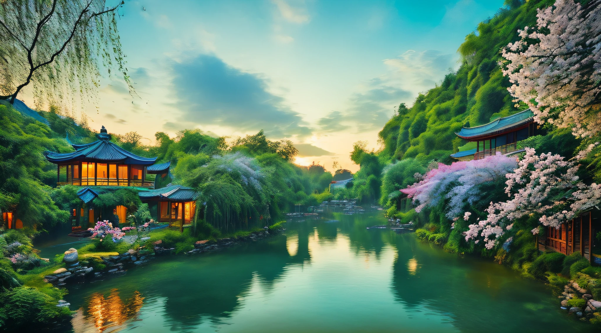 At dusk, green trees, willows flying, surrounded by blue water, small bridges and flowing water, antique color, floral fragrance, warm as jade, birds singing and flowers, water town paintings, leisurely, real photography, 16K resolution