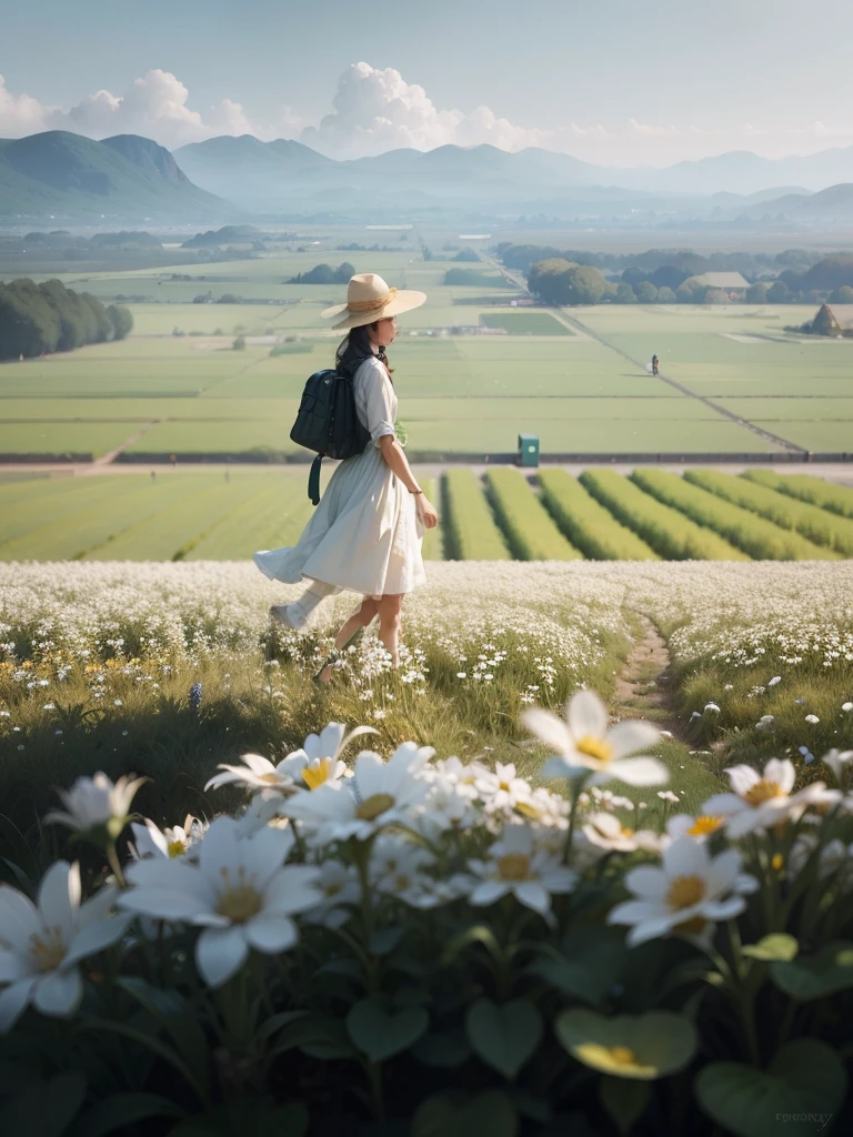 A woman wearing a hat and a white dress walks through a flower field, dan mcpharlin, inspired by Jakub Schikaneder, author：Lee Jeon-suk, atey ghailan 8 k, author：Zhang Shengqi, girl walking in a flower field, atey ghailan and steve mccurry, author：Krzysztof Boguszevsky