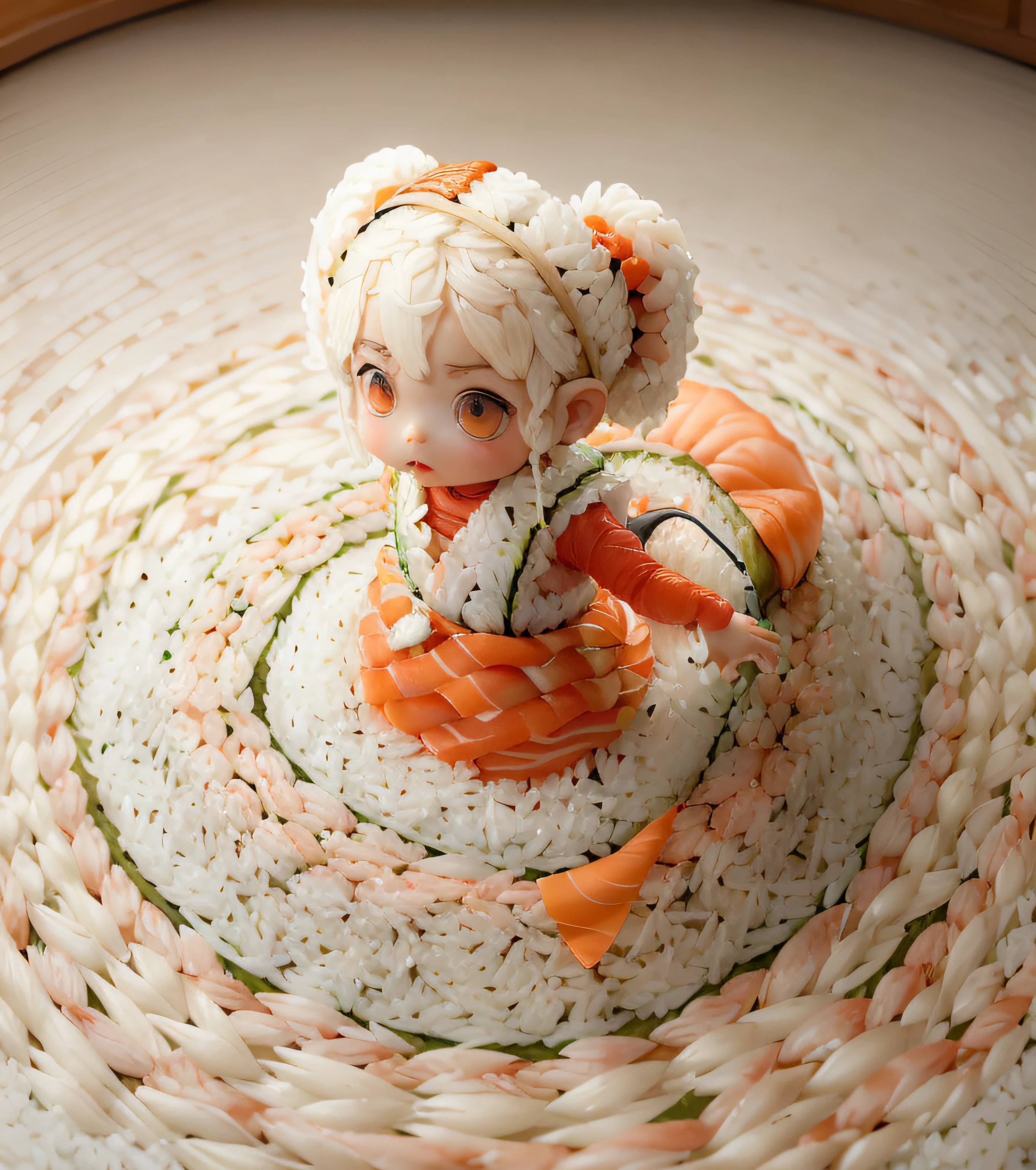 A body made of sushi-style rice，Double ponytailed  girl