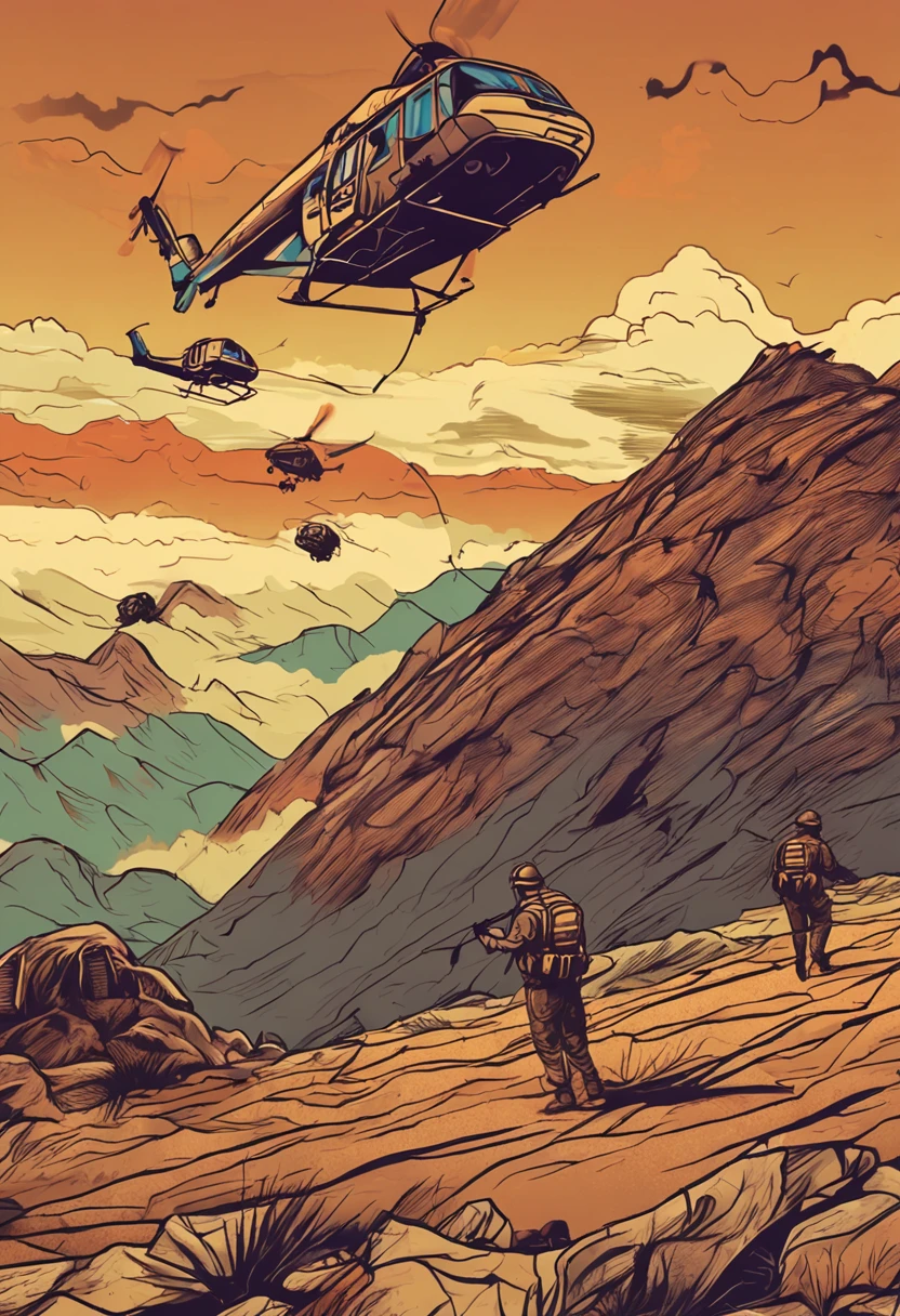 Wall mural style painting of a soldier in the foreground with Don Ramon cap and glasses, Paratroopers falling from planes by parachute, el cielo con un ocaso, atardecer dorado y rojizo, Andean Mountains, paracaidistas cayendo de aviones, the tiny Tungurahua volcano in silhouette in the background. Military with camouflage and Don Ramon hat and glasses, 8K, alta calidad mural en pared, ((Cane wall painting style)).