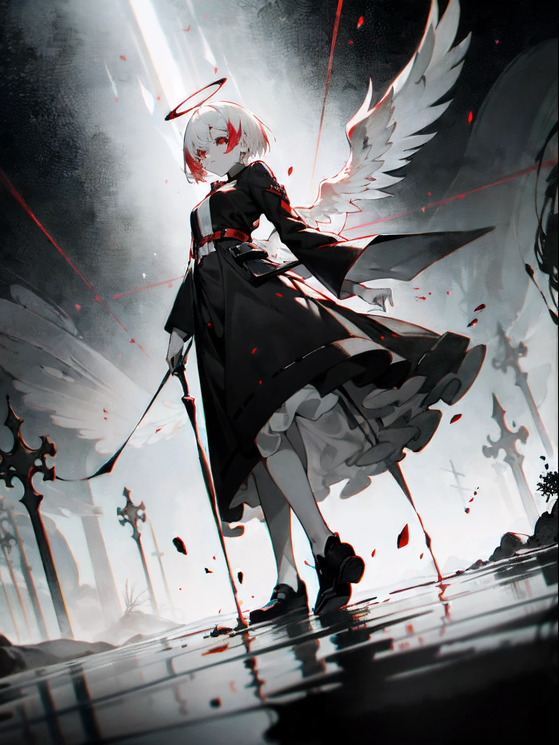 absurderes,((masutepiece)),Solo,beautifull hands,(angel of death(Black and white angel wings,Black clothe,White hair color,Red Eyes,Innocent,Beautiful,Mystical,Convoluted,Detailed)),She is walking in the Black Sea,Colorful refraction,Surreal,Convoluted,Gray world,Infinitely wide sky