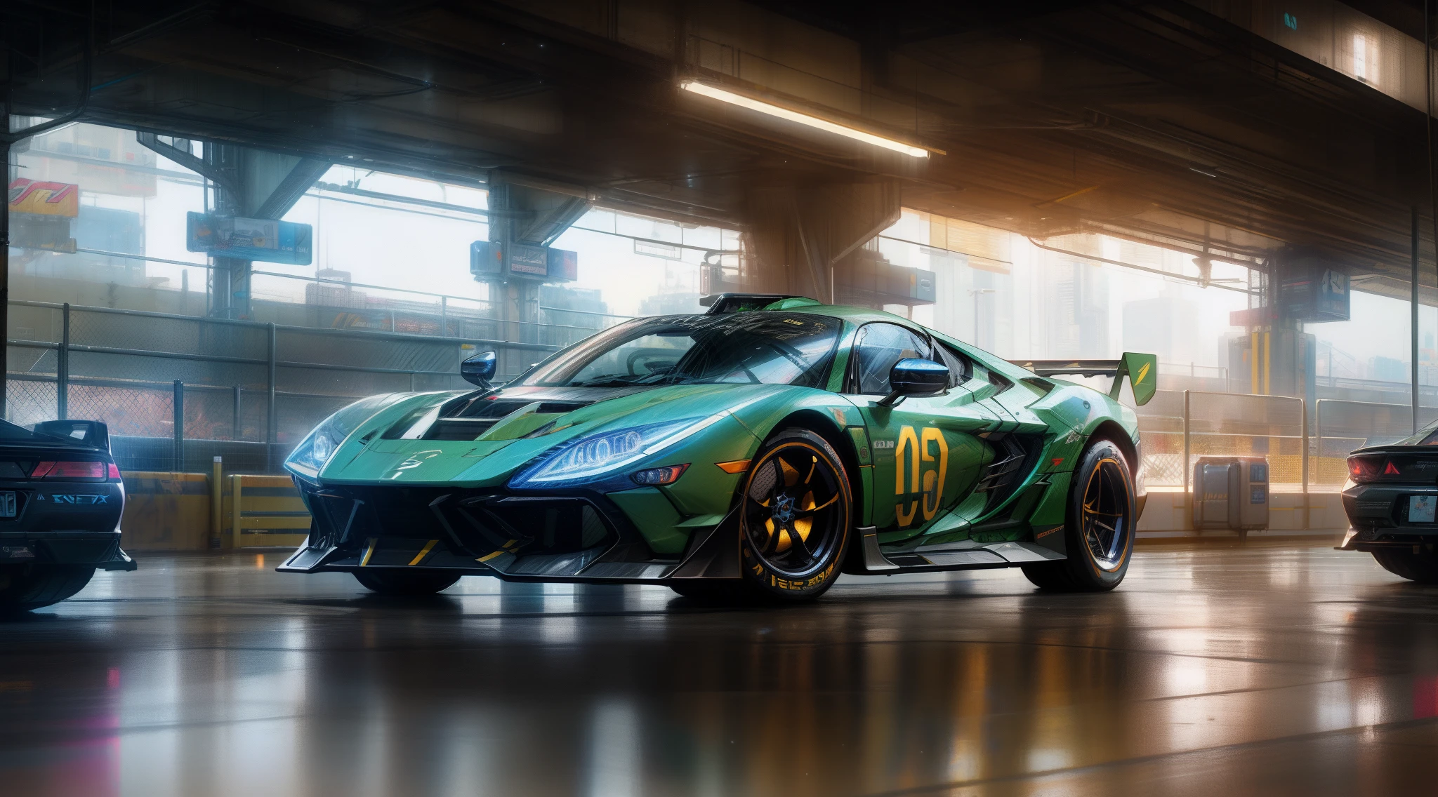 Cyberpunk parking garage,racer, octane cgsociety, senna from league of legends, portrait shooting, wojtek fus, hyperreal rendering, cgsociety 8 k, cgsociety 8k, cgsociety 8k, sports cars, sports cars, hyper - realistic render, hyper realistic rendering, 3 D rendering character art 8 K