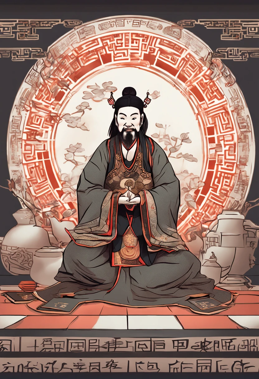 In the ancient Taoist temple，A 3--old ist priest，Wear a costume，On the Tai Chi Bagua Chart，sitting cross-legged，Soft gaze。With a smile，Realisticstyle，Like a real person