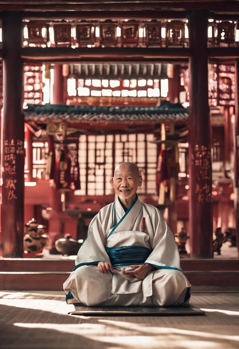 In the ancient Taoist temple,A 3--old ist priest,Wear a costume,On the Tai Chi Bagua Chart,sitting cross-legged,Soft gaze。With a smile,Realisticstyle,Like a real person