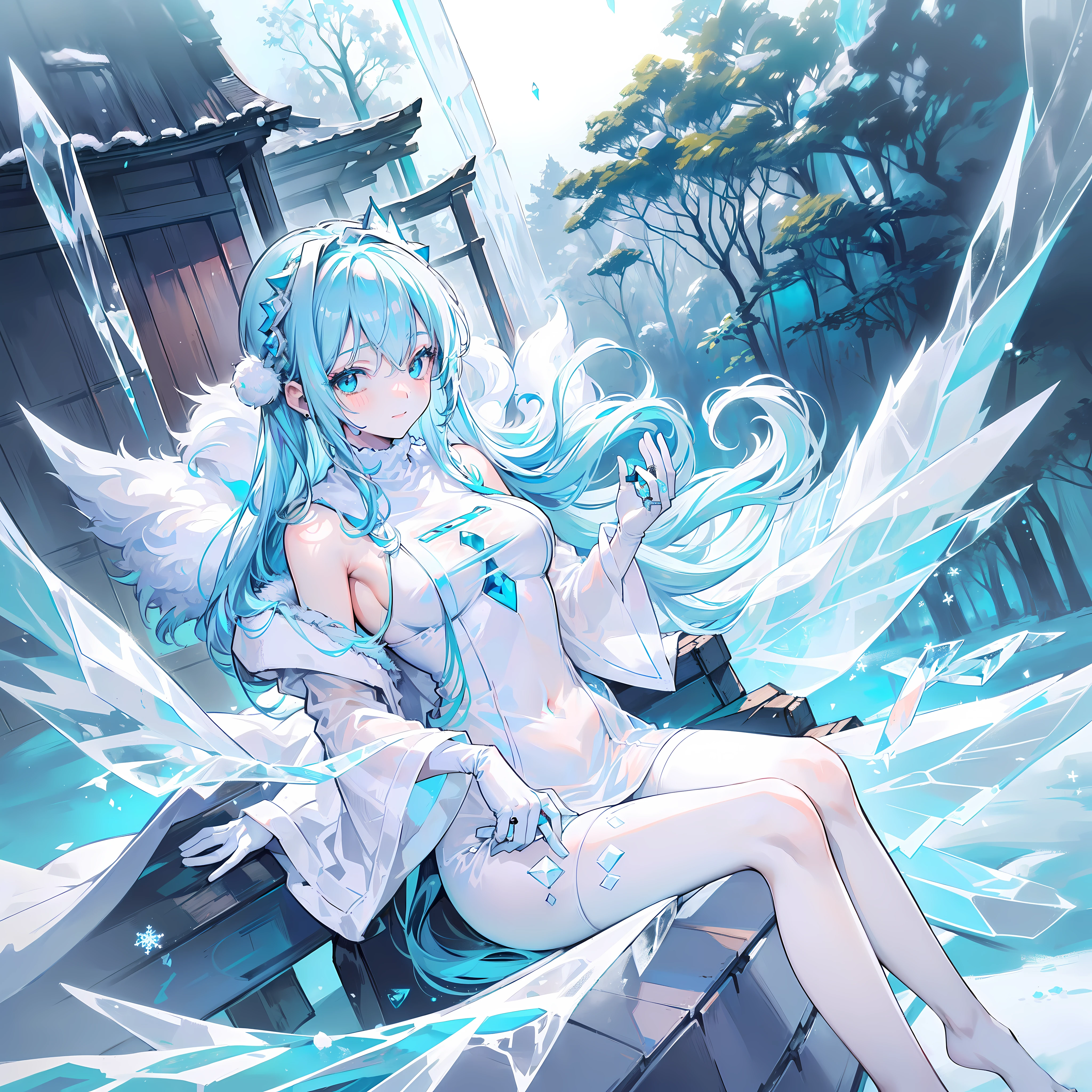 Anime girl, ((((White and Blue winter coat with fur)))), blue hand and thigh accessories, (((long light (glowing) aqua hair))), ((hair accessories)), ((black eyes)), (((blue decorations around the entire body))), (smiling), pale skin, neck, shoulders, medium chest, arms, hands, medium waist, legs, medium thigh, cute, blue stripes on dress, (wearing white gloves), ((((meditating next to a beautiful wooden house in a forest chair)))), serious, cinematic light, high resolution, highest quality, ultra detailed, detailed face, (detailed eyes), best quality, hyper detailed, masterpiece, (detailed face), clean face, detailed eyes, ((((white and aqua long robes covering all of the legs)))), (((wearing see through tight pants))), ((barefoot)), (((((ice around the area and her body including an ice aura))))), ((sleeves covered in see through tight clothes)), (((floating))), ((ice in her hand)), (((no blush or red on face))), ((((leg and feet rings and decorations))))