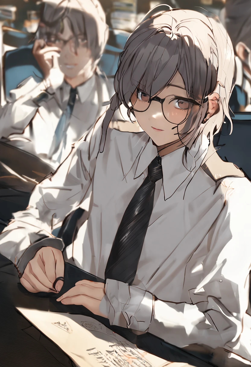 hu tao， 1girll， 独奏， （（white  shirt）），upper legs， office backdrop， a black skirt， pleatedskirt， office room， hair between eye， with brown eye， Flower pupils， long whitr hair， looking at viewert， 独奏， upper legs， long whitr hair， （（tmasterpiece））， Sat down， a chair， inside in room， Blushlush， sexyposture，（long twintail）），short- sleeved，blacksilk：1.2，