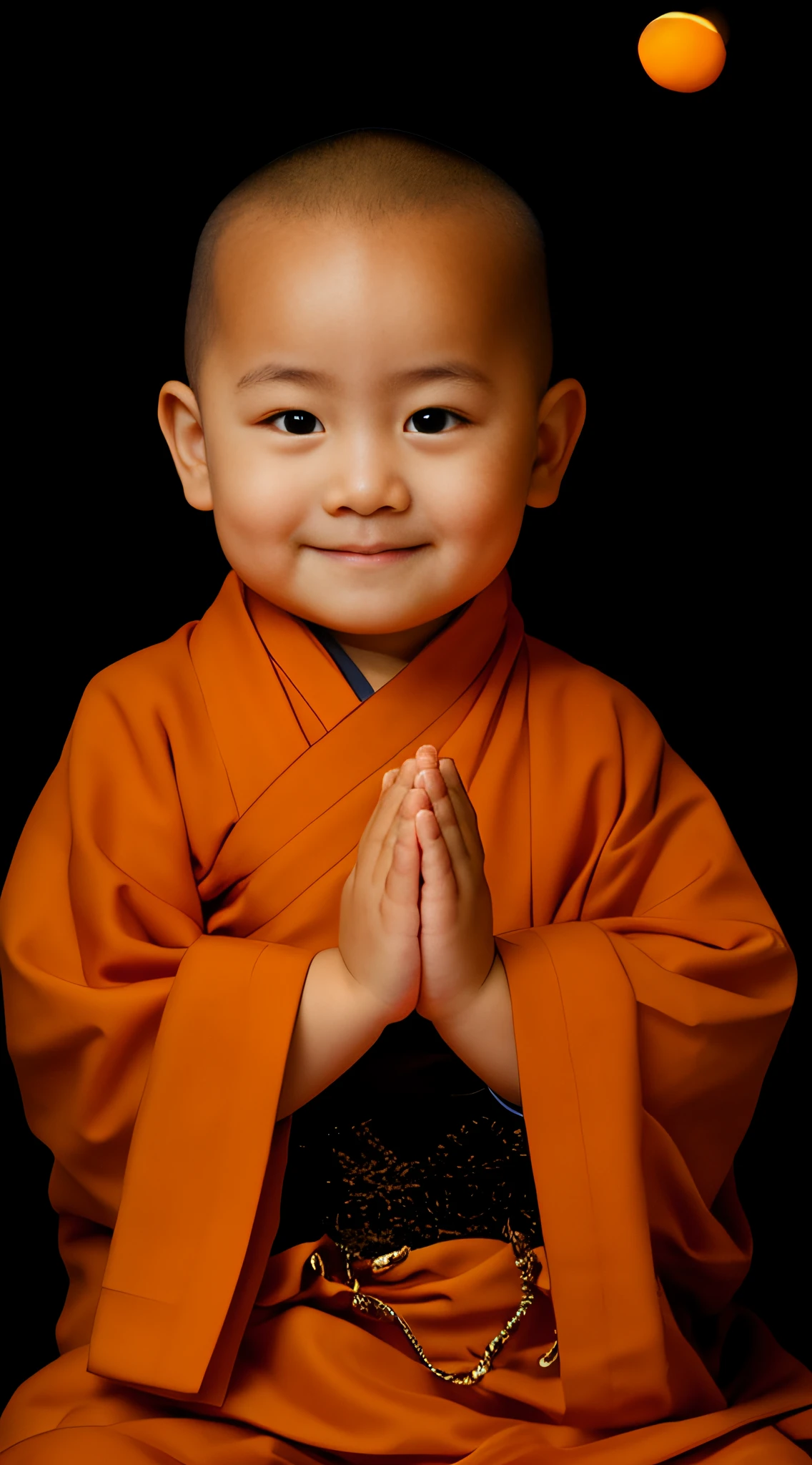 Cute little monk meditating in the temple，ssmile，had his hands folded