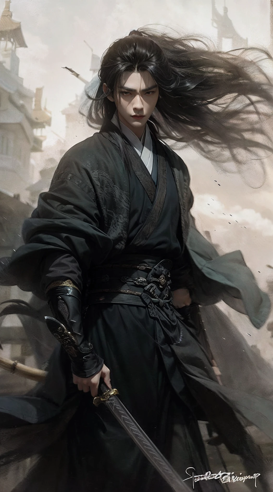 Black-haired man,Splash ink bamboo,Sharp and vibrant,Bamboo is sharp and straight,Young Emperor,Ambition and intrigue are on full display,A warrior,long whitr hair,Hanfu,Robe,sword,Handsome face shape,Fierce and evil,The eyes are murderous,Zhou Zheng is very handsome,Tall,Decisive killing,