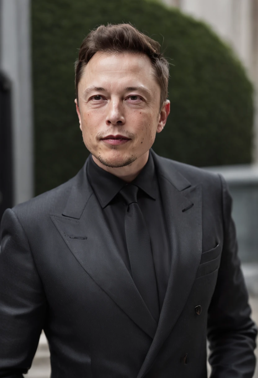 elon musk, the founder of SpaceX in a black suit outside the club